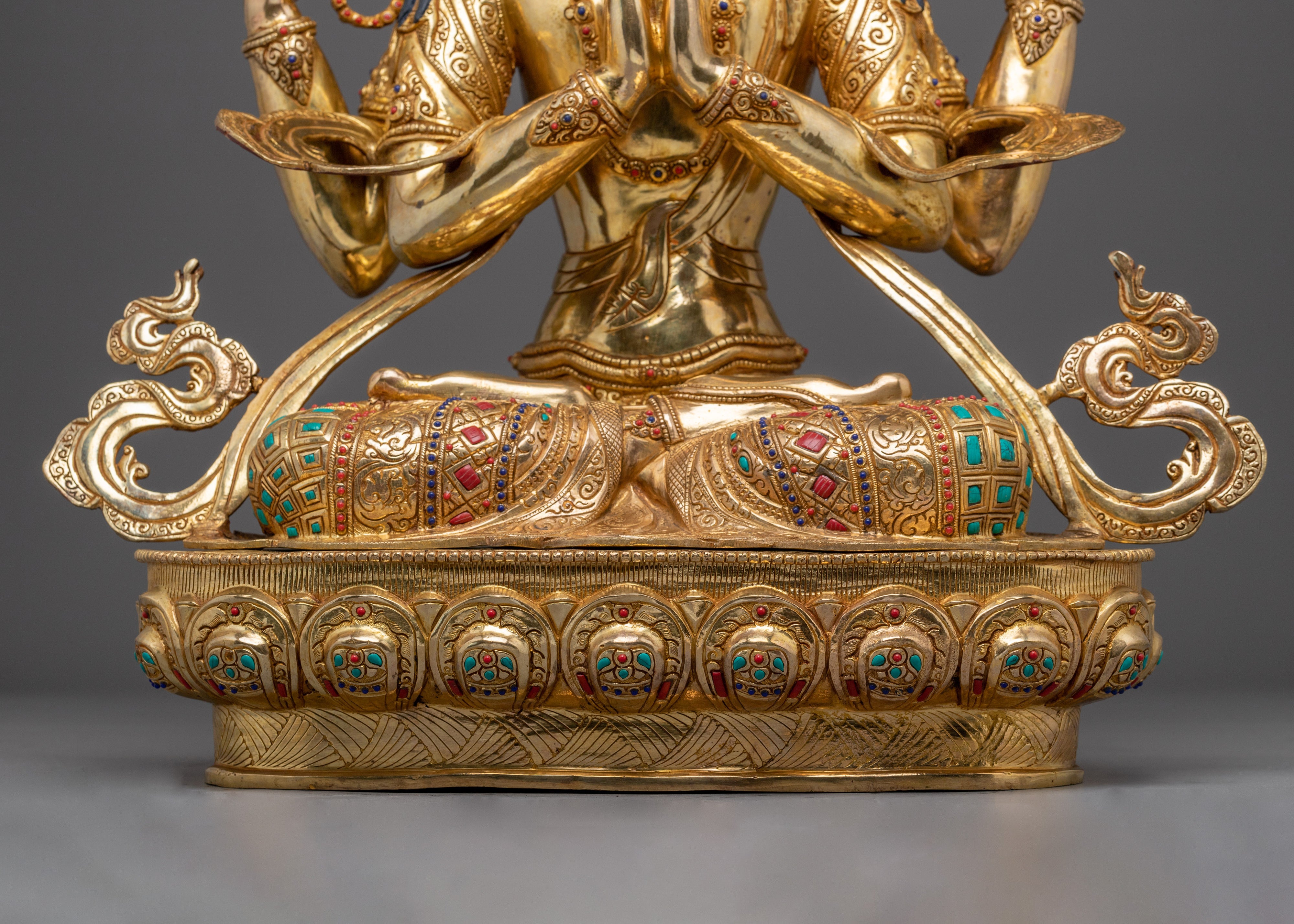 Gold Gilded Four Armed Chenrezig Statue with Copper for Meditation