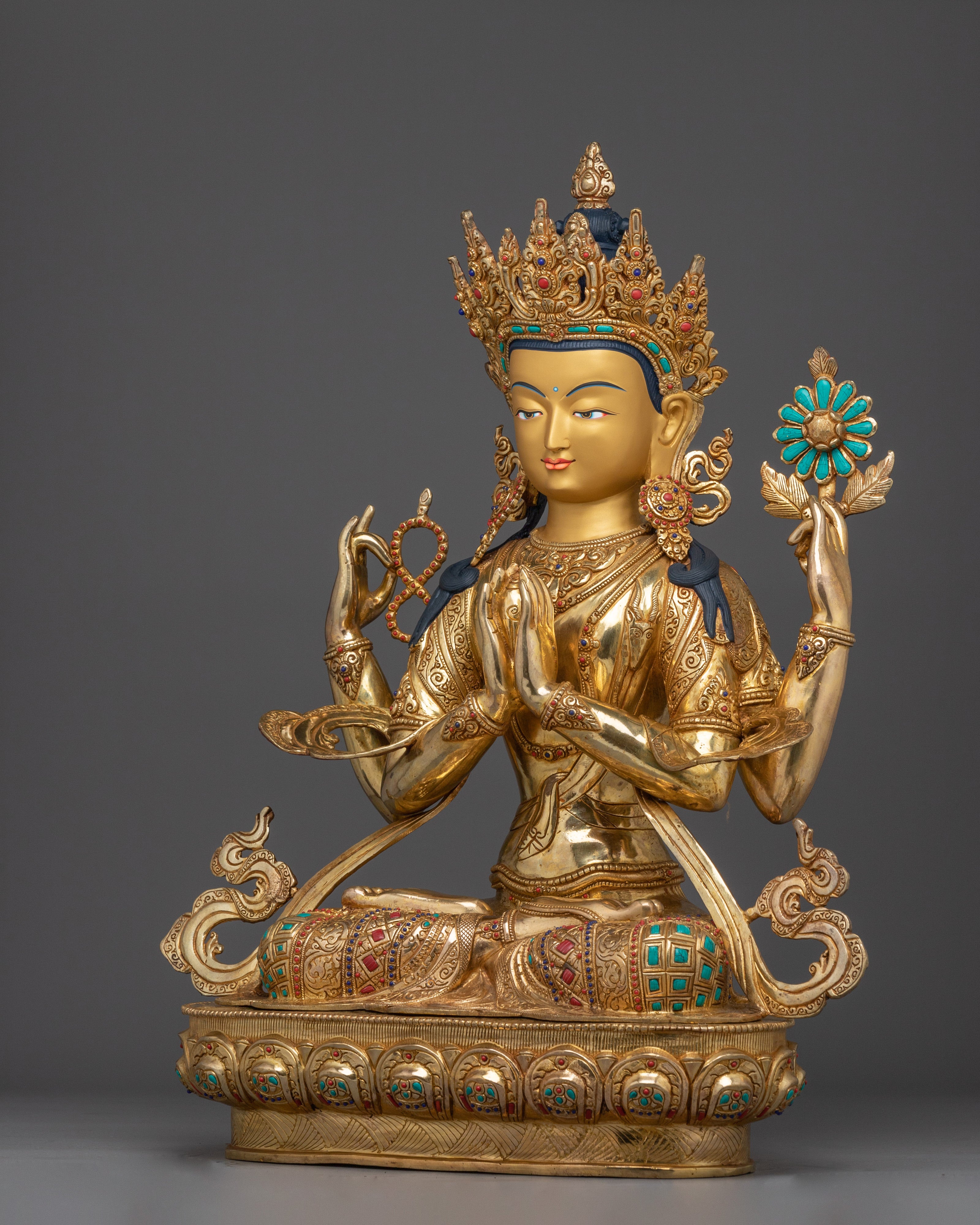 Gold Gilded Four Armed Chenrezig Statue with Copper for Meditation