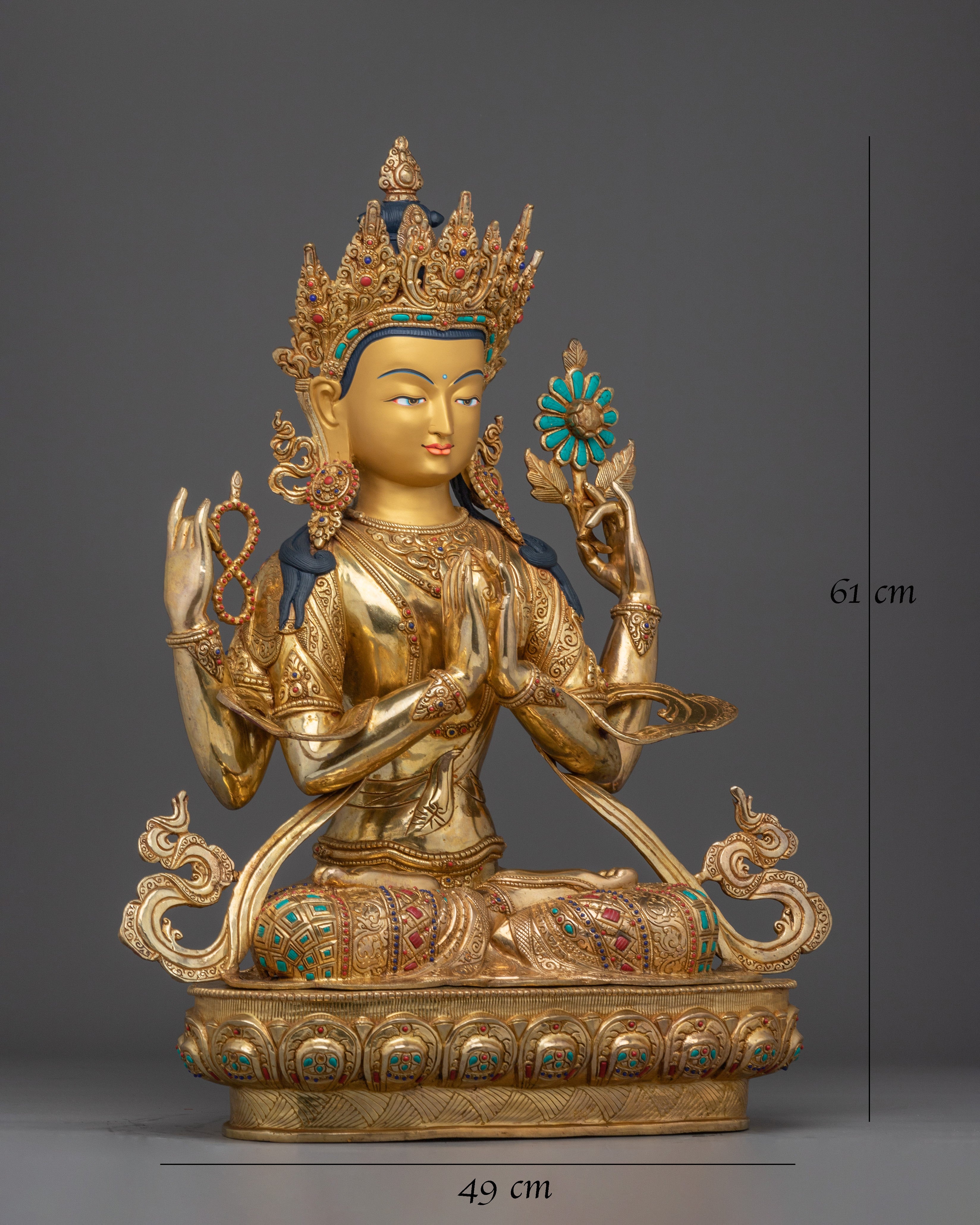 Gold Gilded Four Armed Chenrezig Statue with Copper