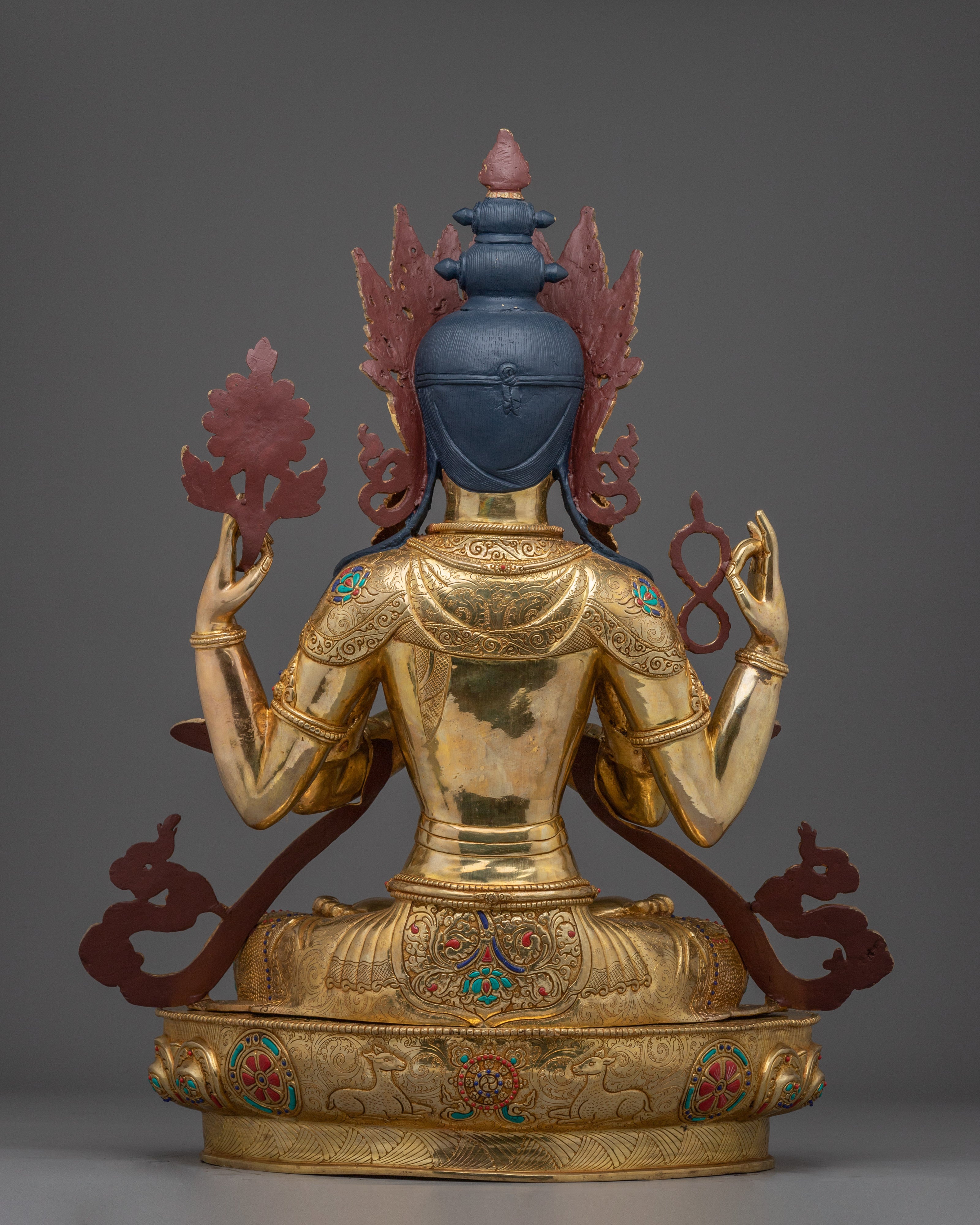 Gold Gilded Four Armed Chenrezig Statue with Copper for Meditation