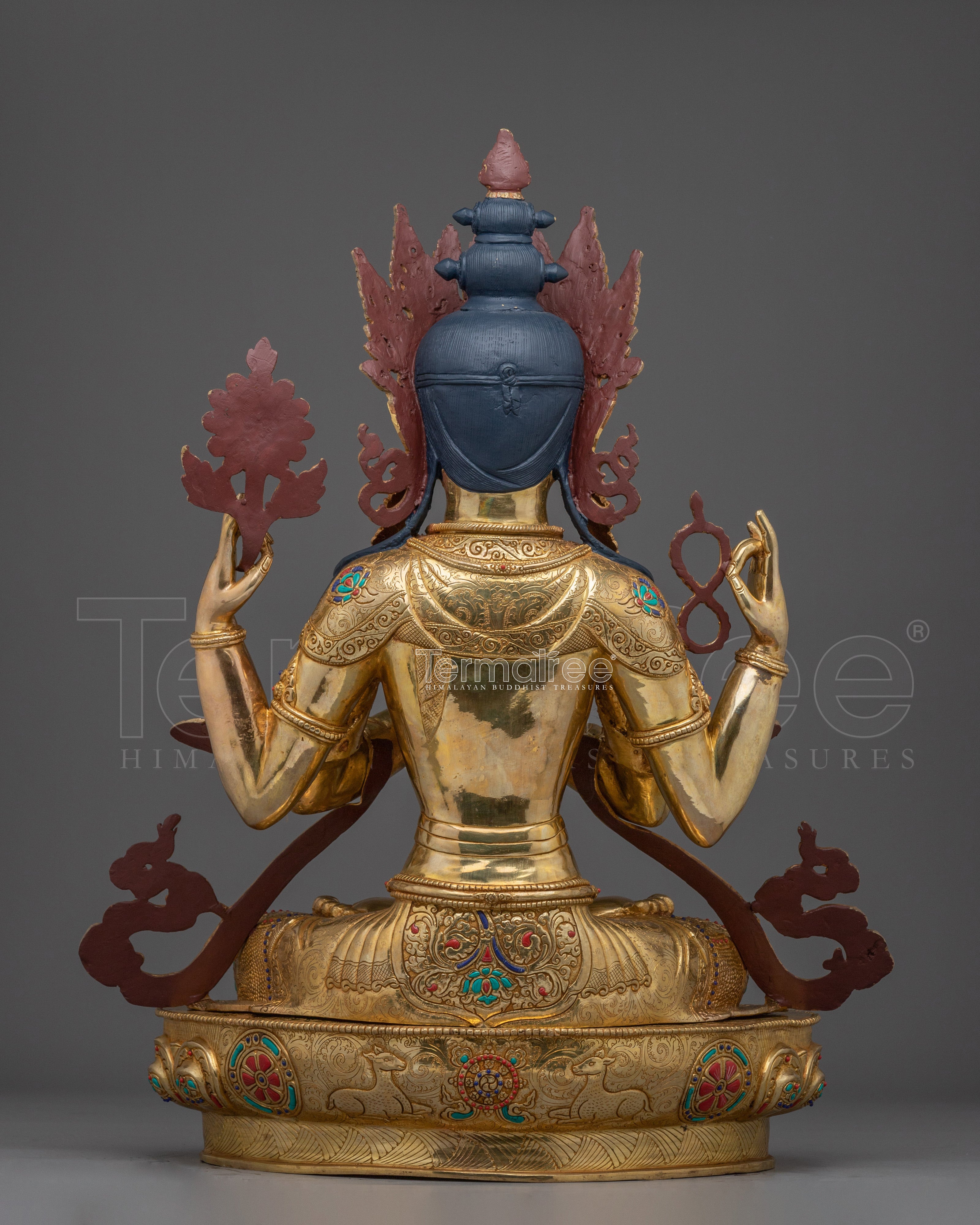Gold Gilded Four Armed Chenrezig Statue with Copper for Meditation