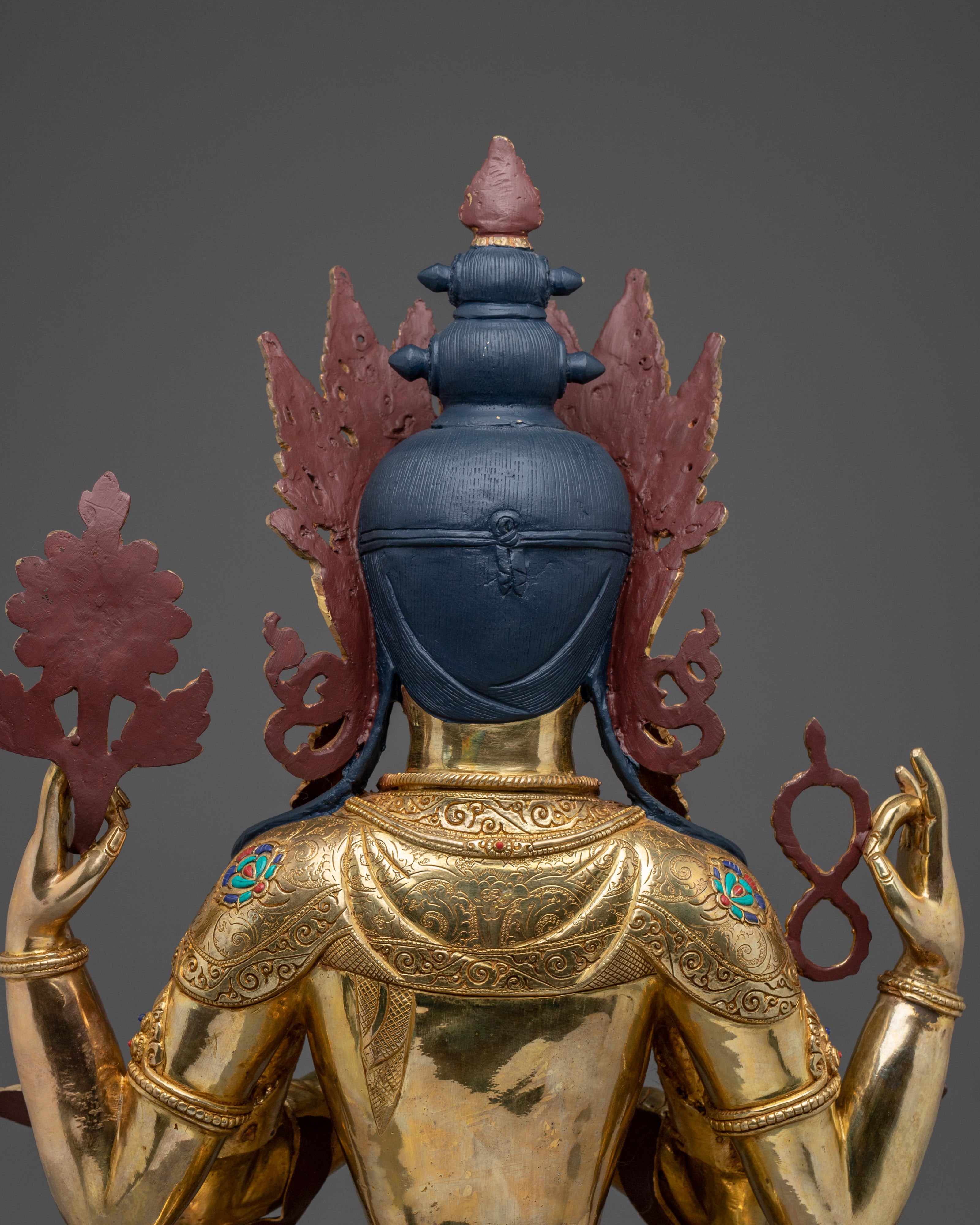 Gold Gilded Four Armed Chenrezig Statue with Copper for Meditation