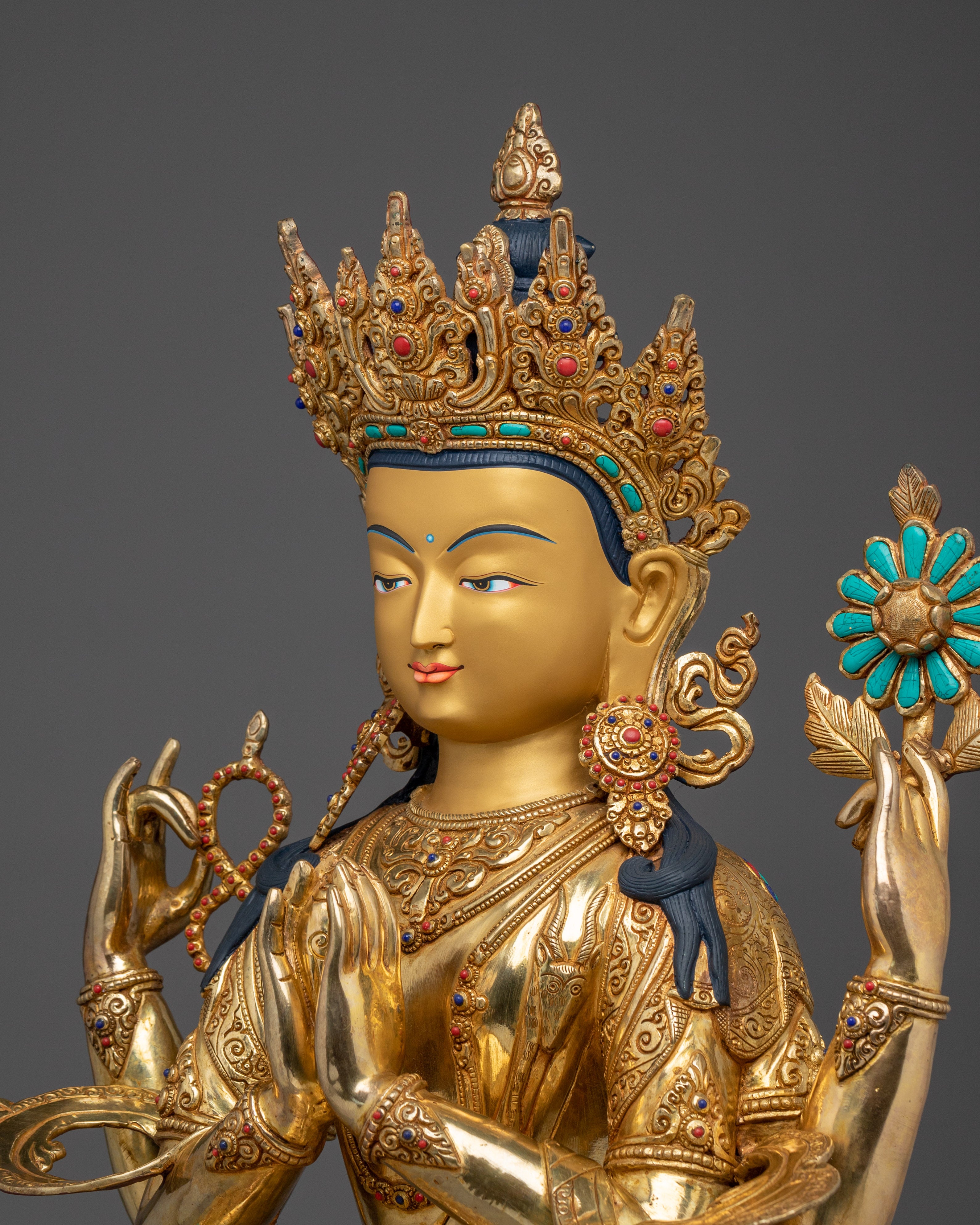 Gold Gilded Four Armed Chenrezig Statue with Copper for Meditation