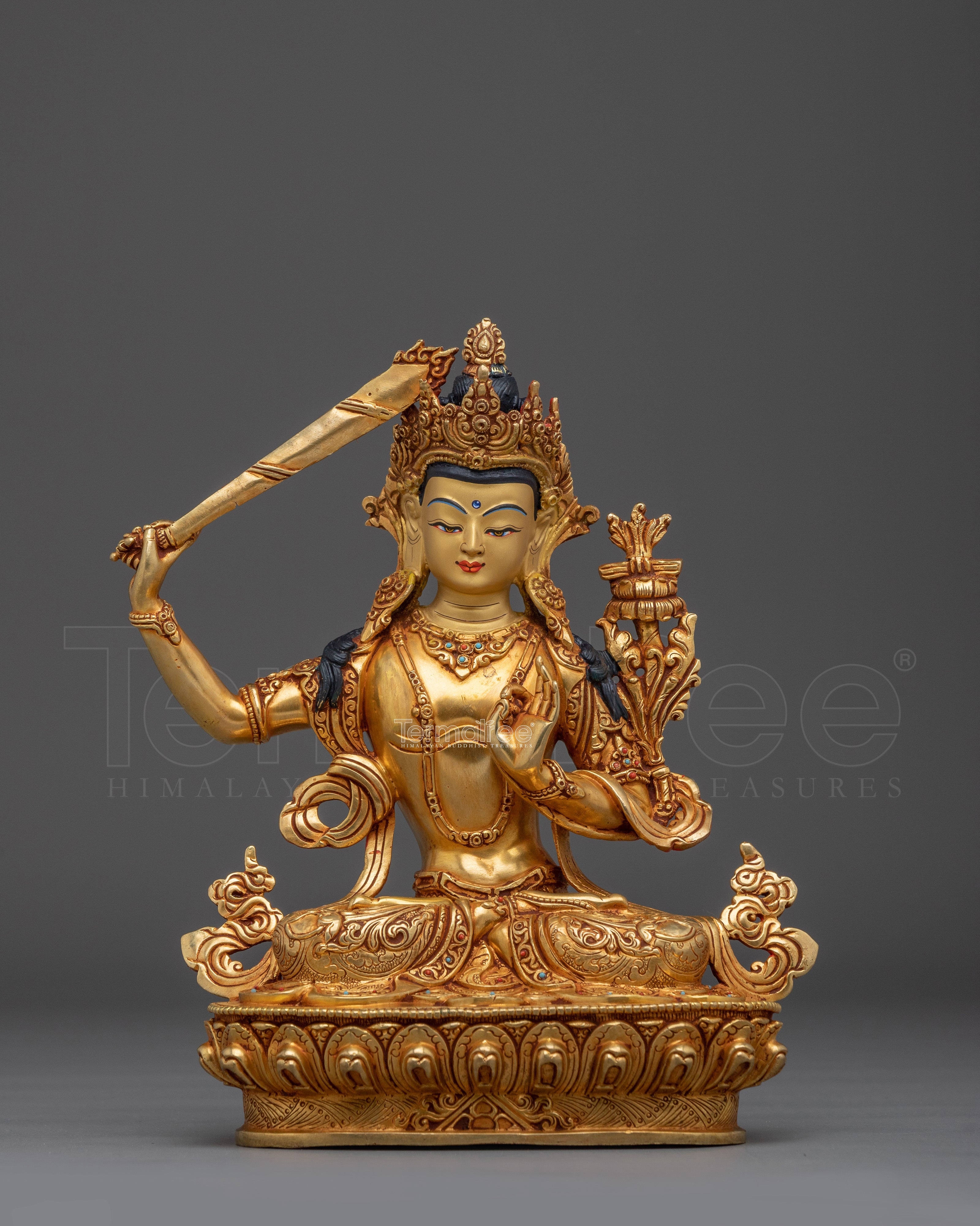Golden Wisdom Embodiment Manjushri Statue | Buddhist Spiritual Artwork