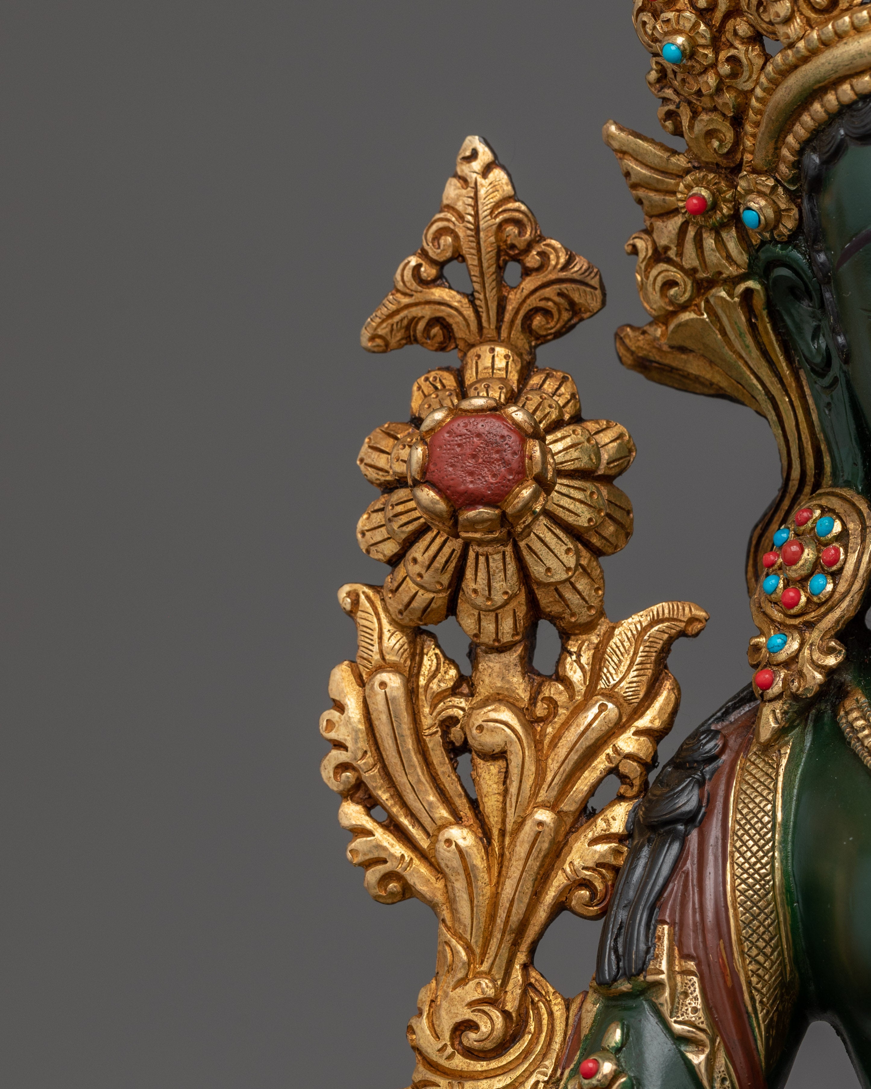 Green Tara Gold Gilded Copper Sculpture | Tibetan Goddess of Compassion