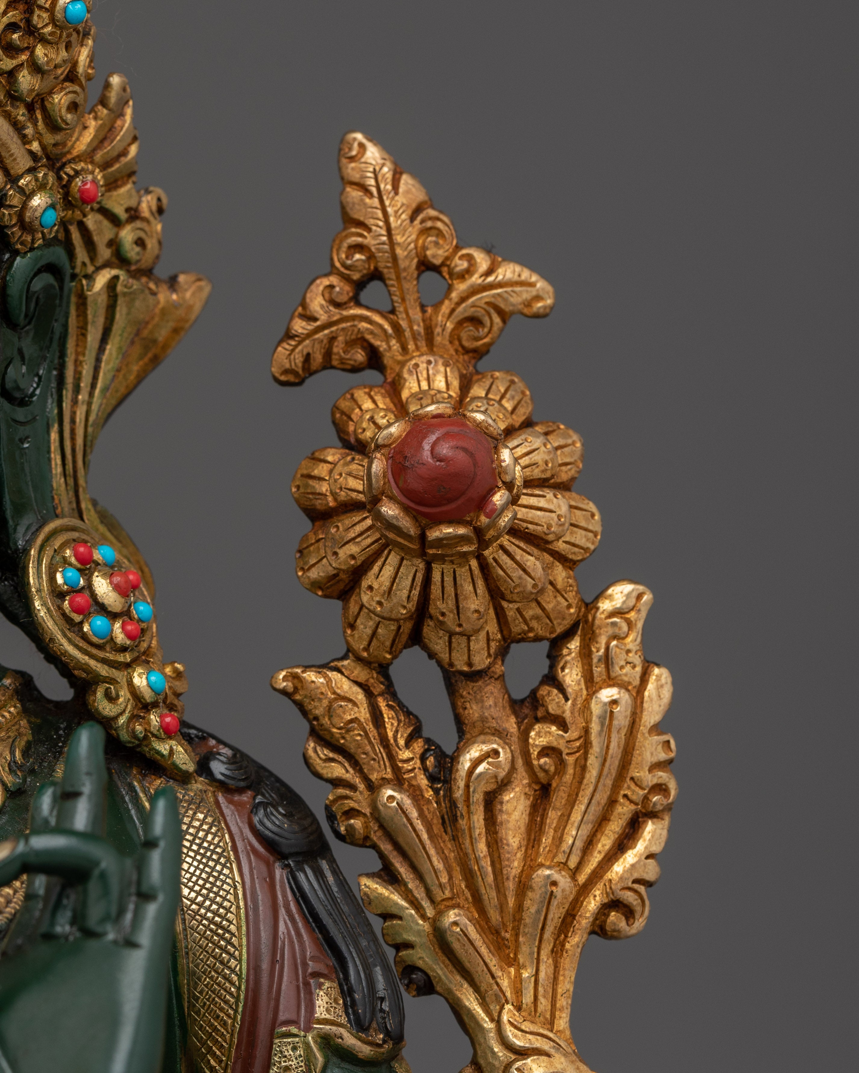 Green Tara Gold Gilded Copper Sculpture | Tibetan Goddess of Compassion
