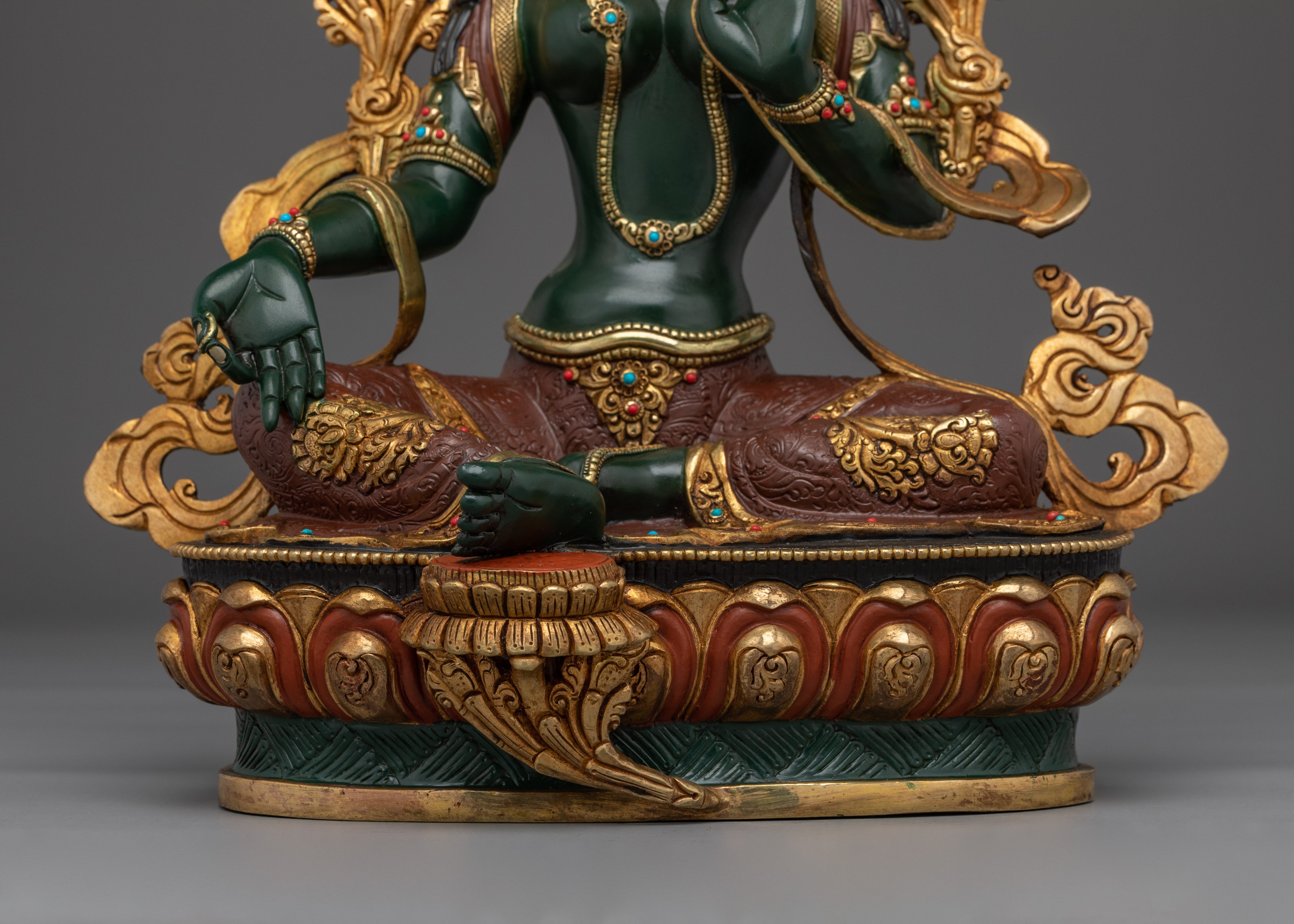 Green Tara Gold Gilded Copper Sculpture | Tibetan Goddess of Compassion