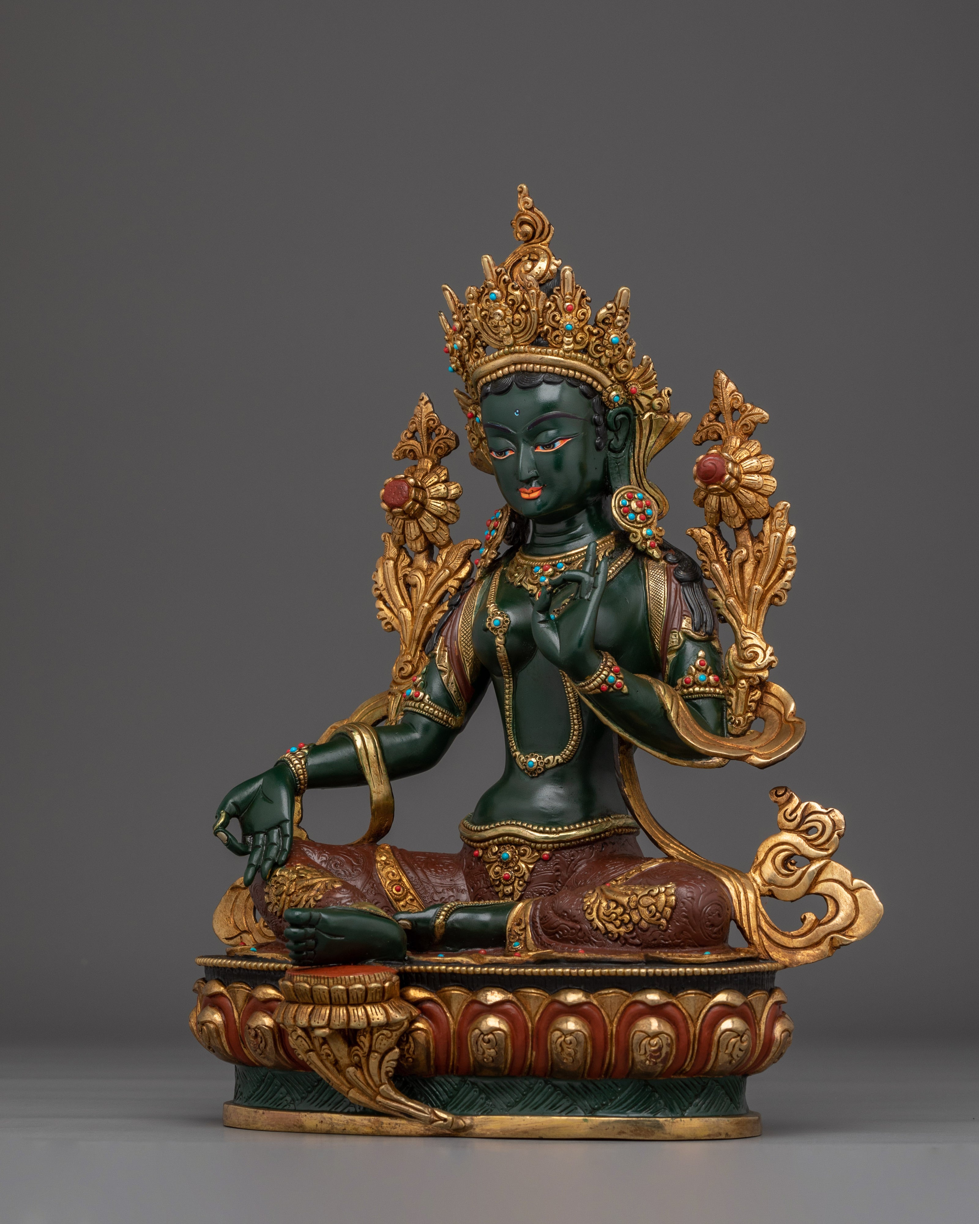 Green Tara Gold Gilded Copper Sculpture | Tibetan Goddess of Compassion