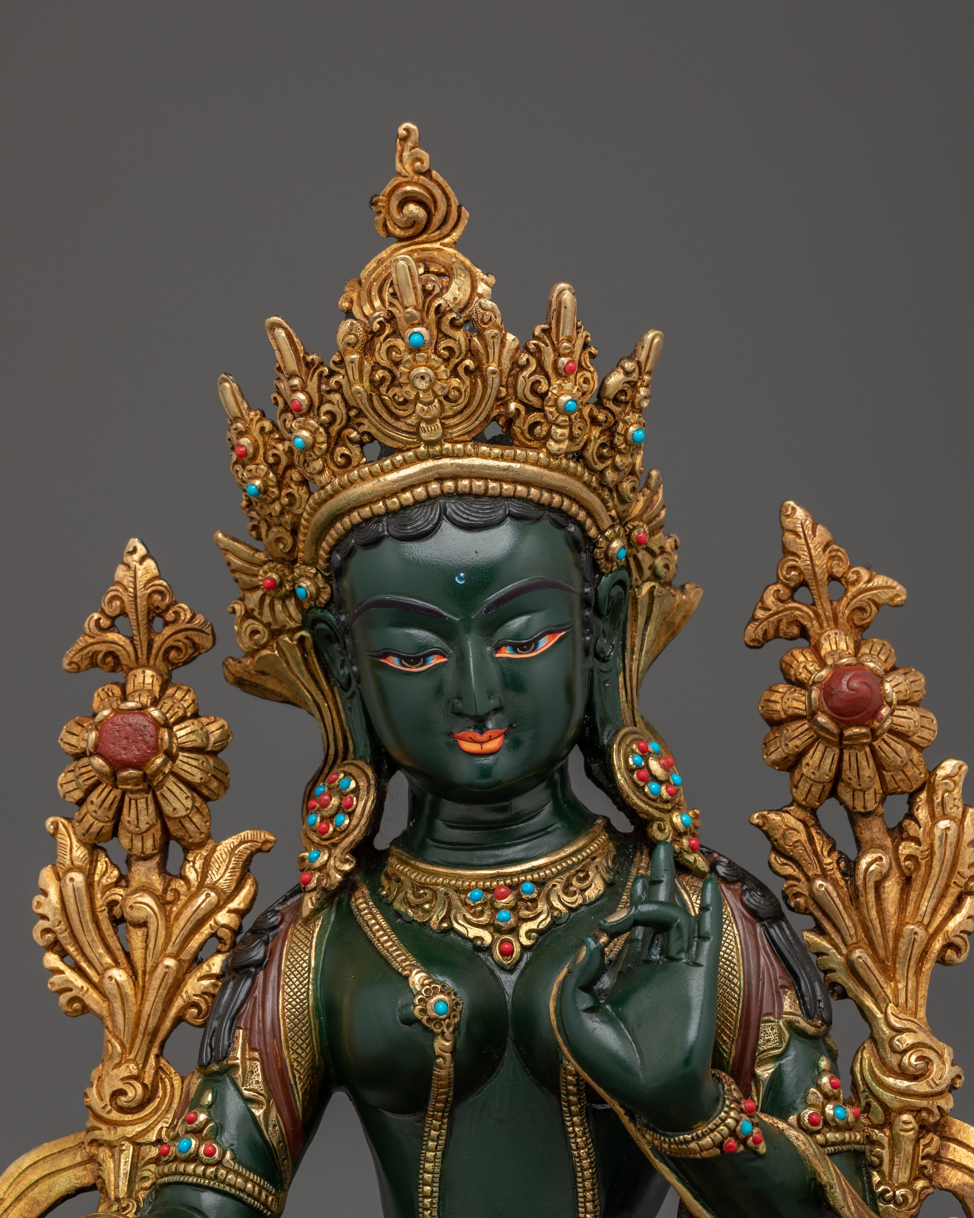 Green Tara Gold Gilded Copper Sculpture | Tibetan Goddess of Compassion