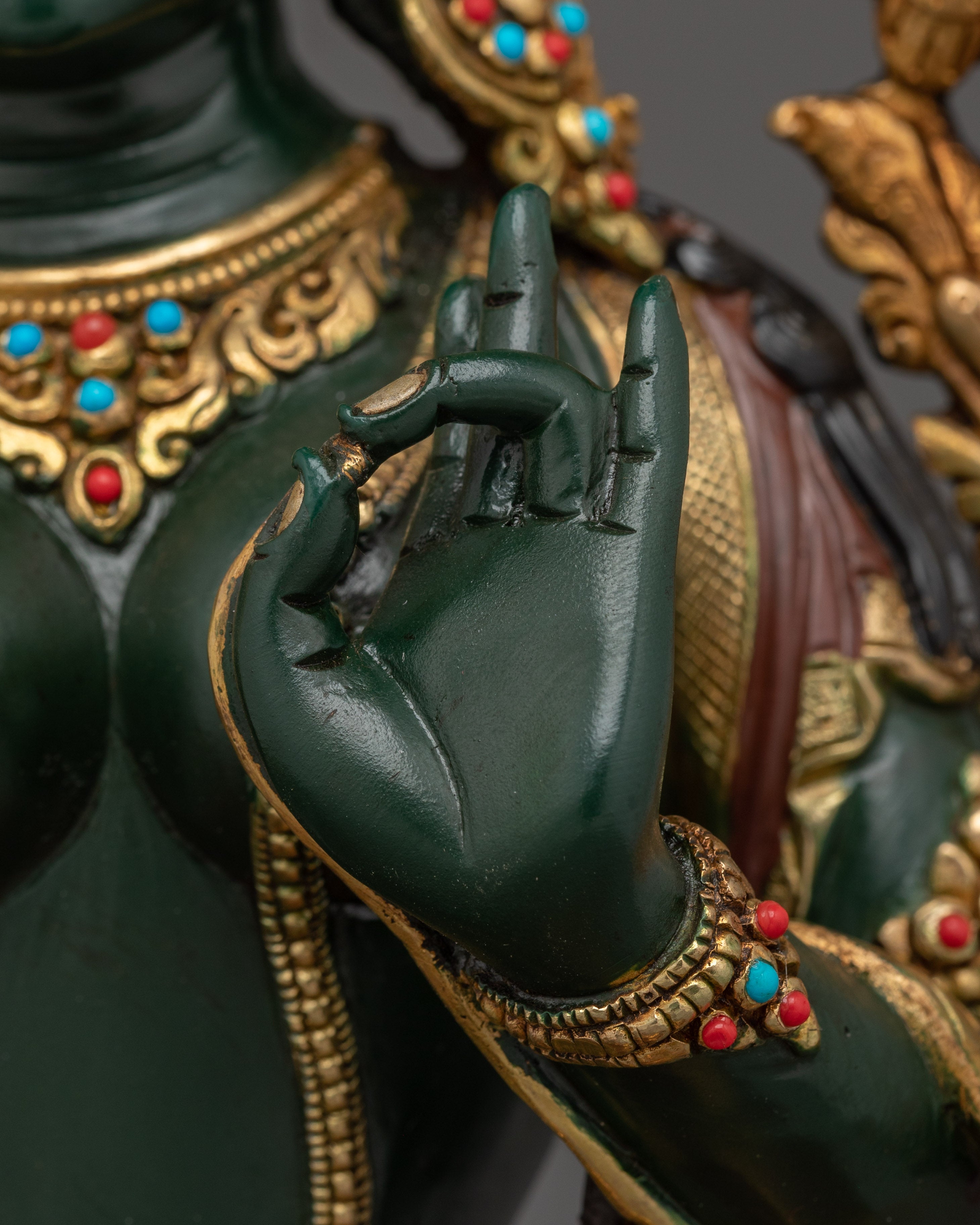 Green Tara Gold Gilded Copper Sculpture | Tibetan Goddess of Compassion