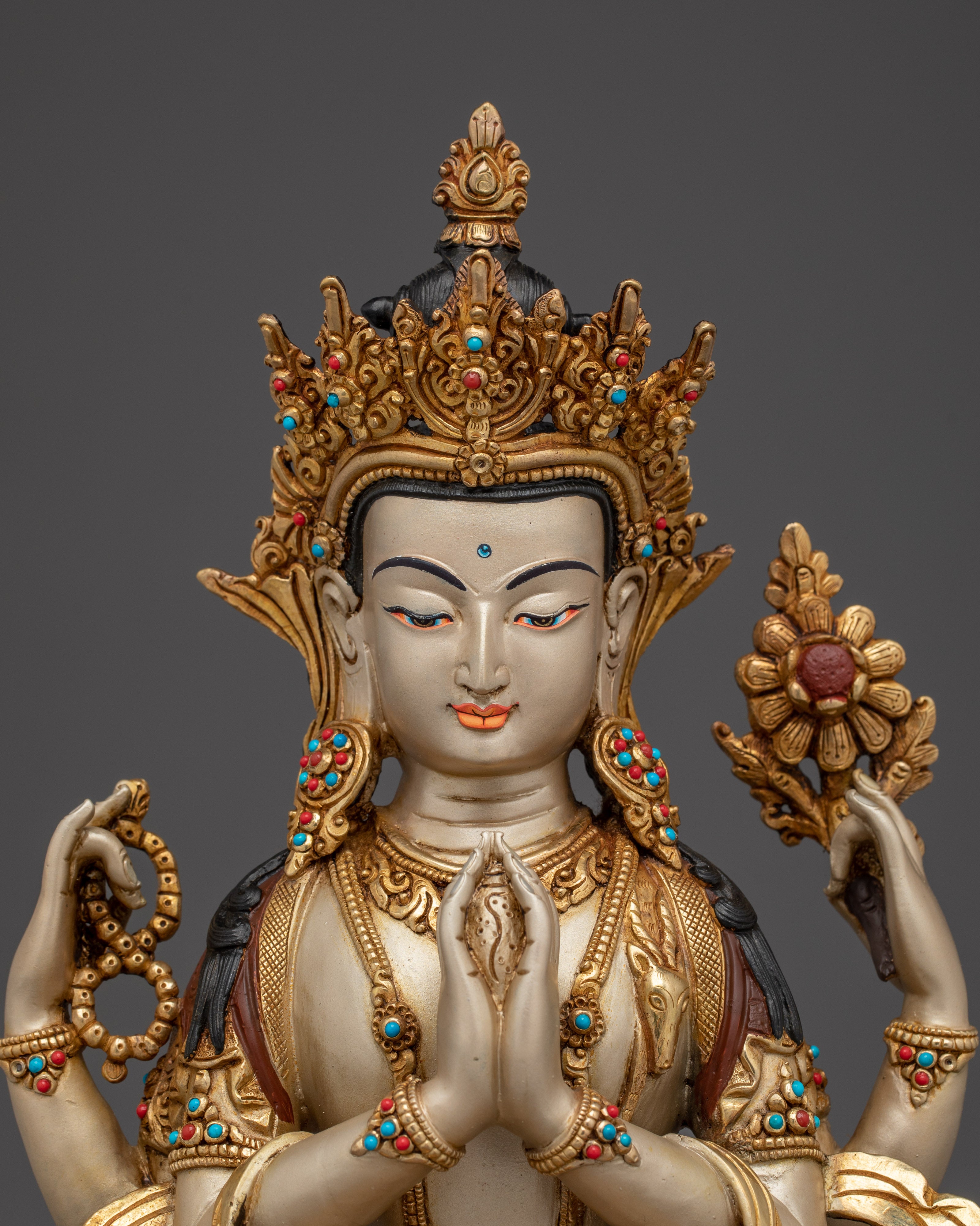 Gold Gilded Chenrezig Artwork with Copper Body | Tibetan Bodhisattva of Compassion