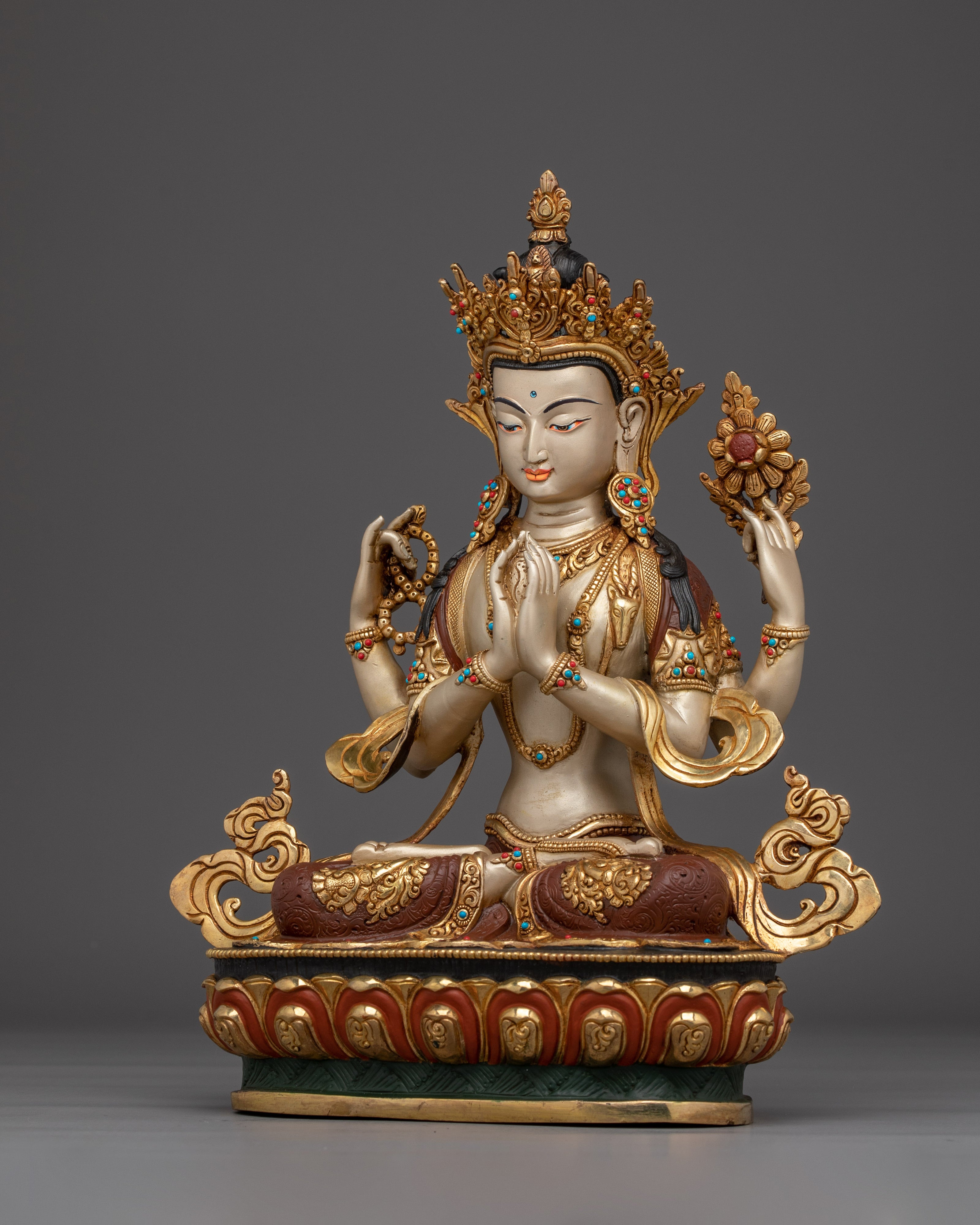 Gold Gilded Chenrezig Artwork with Copper Body | Tibetan Bodhisattva of Compassion