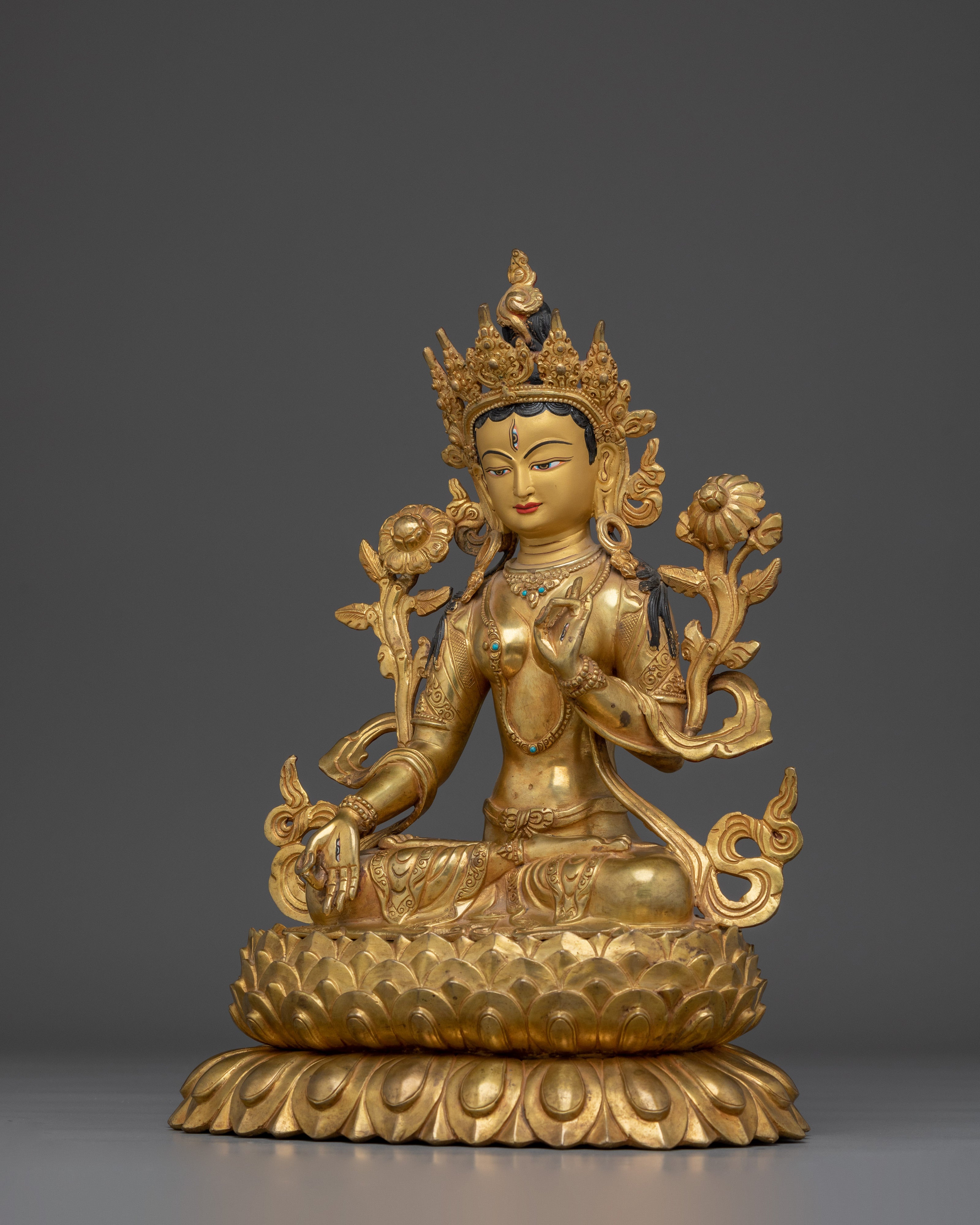 Handmade Golden White Tara Statue in Copper | Symbol of Compassion and Longevity