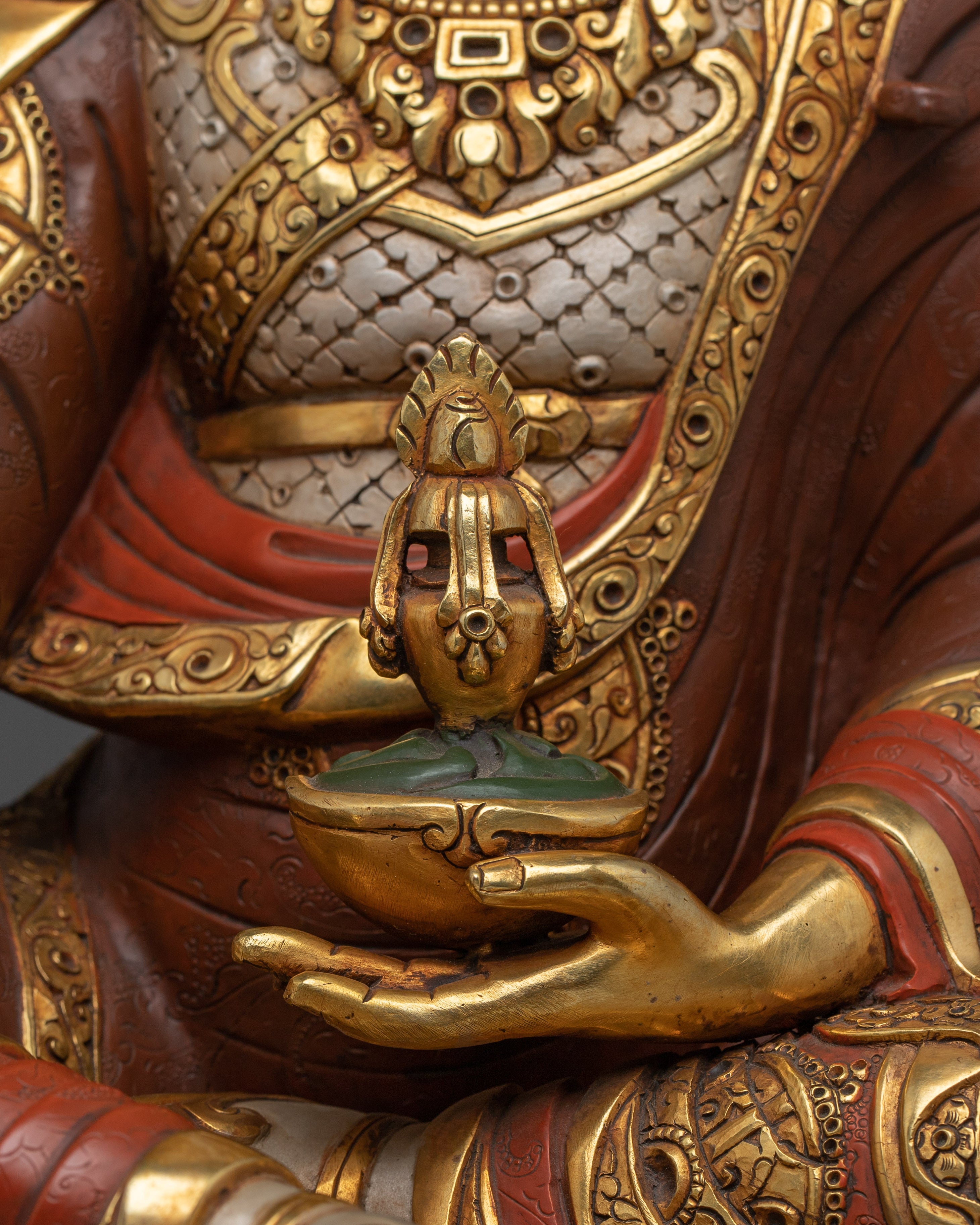 Guru Rinpoche Golden Statue Crafted with Copper | Tibetan Master Sculpture
