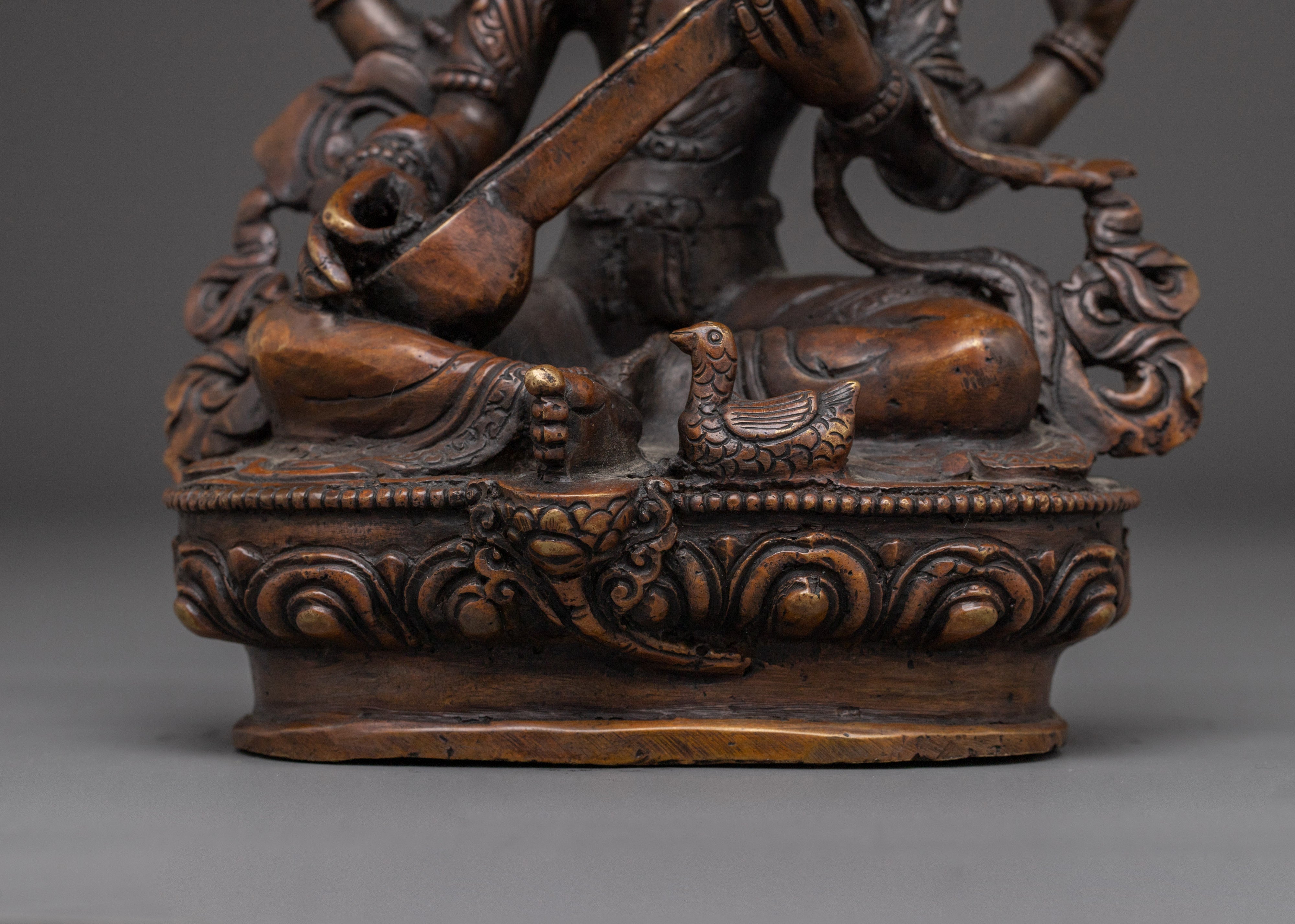 Oxidized Copper Saraswati with Veena Statue | Symbol of Wisdom and Knowledge