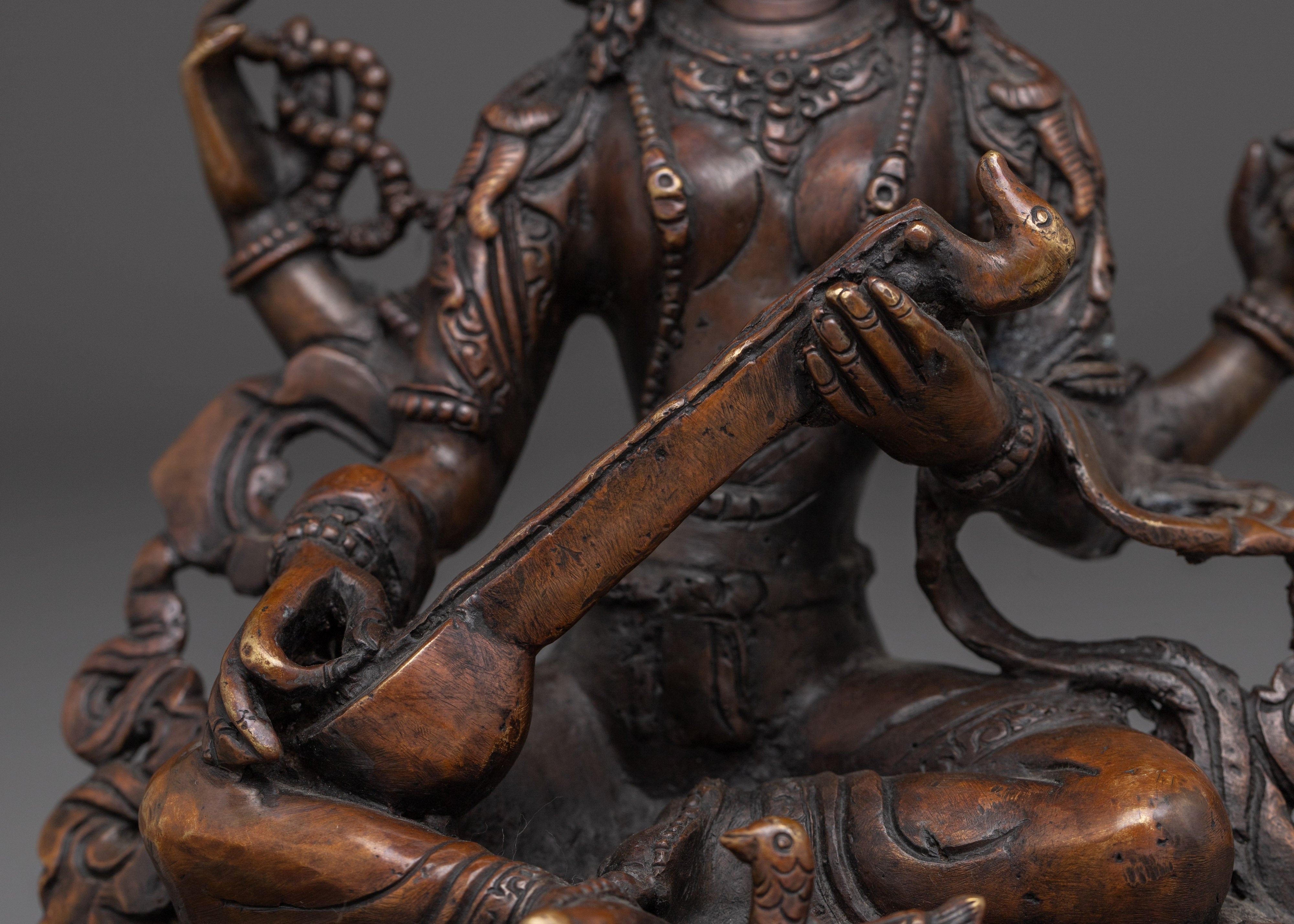 Oxidized Copper Saraswati with Veena Statue | Symbol of Wisdom and Knowledge