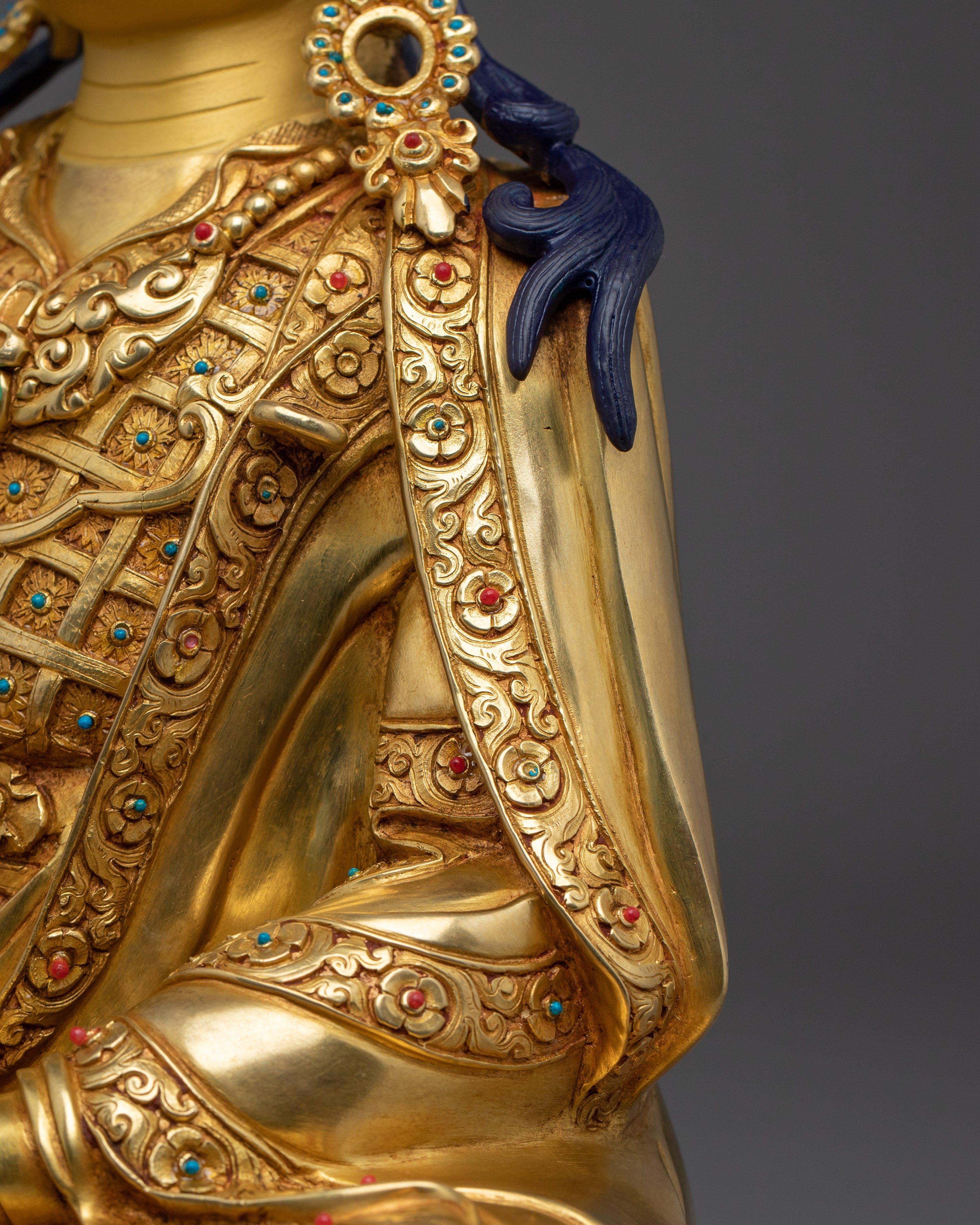 Golden Guru Rinpoche Statue Crafted with Copper | Tibetan Master Sculpture
