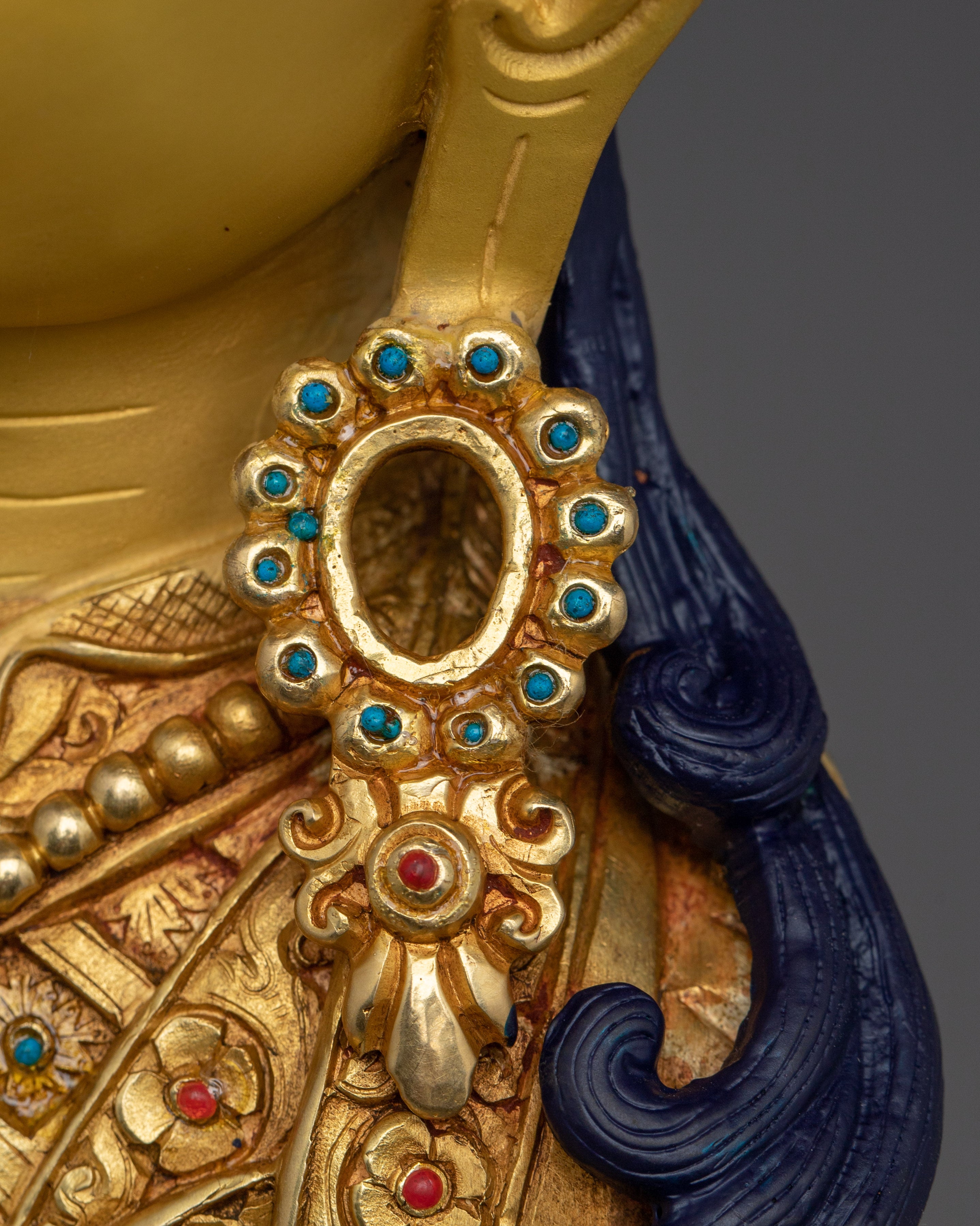 Golden Guru Rinpoche Statue Crafted with Copper | Tibetan Master Sculpture