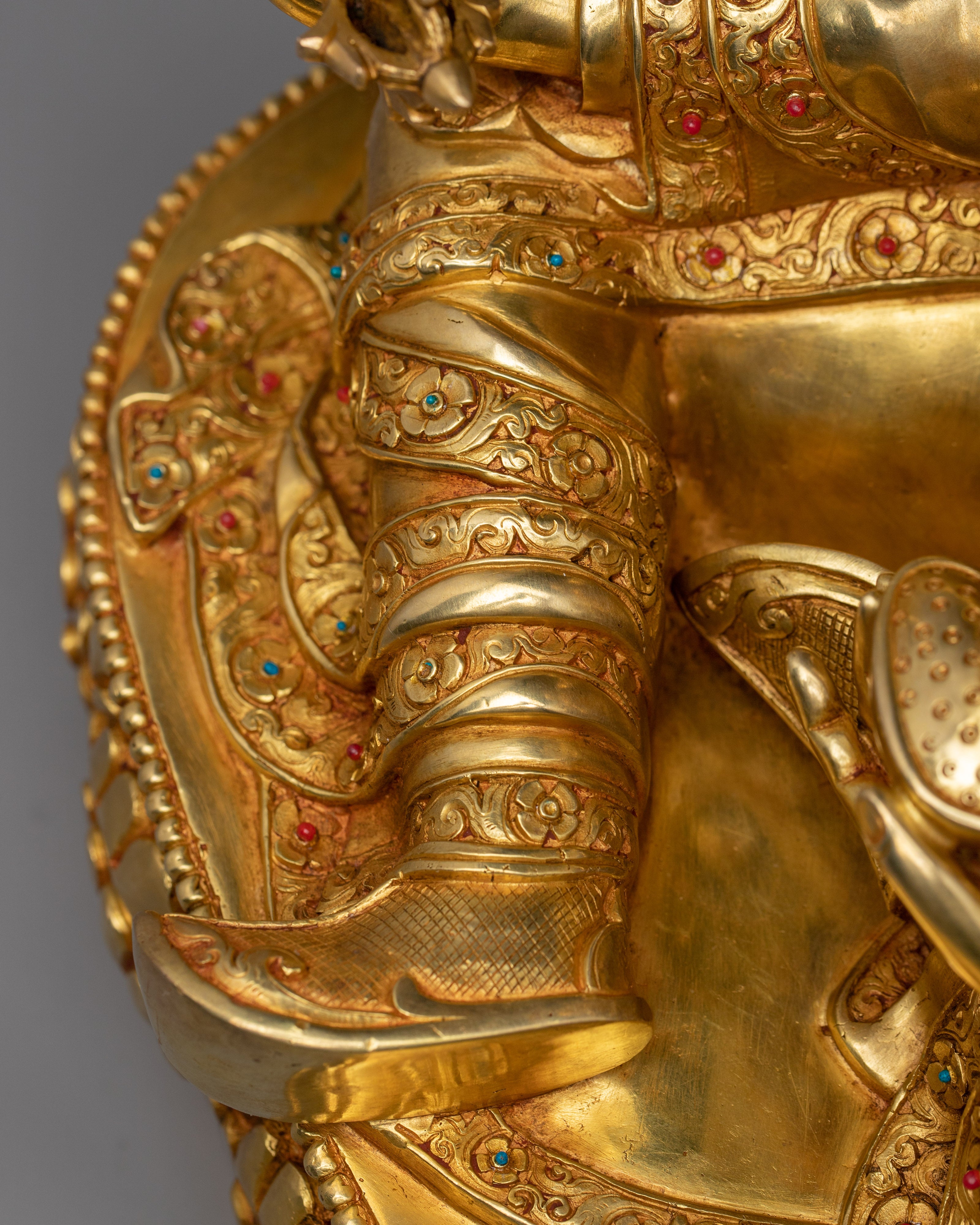 Golden Guru Rinpoche Statue Crafted with Copper | Tibetan Master Sculpture