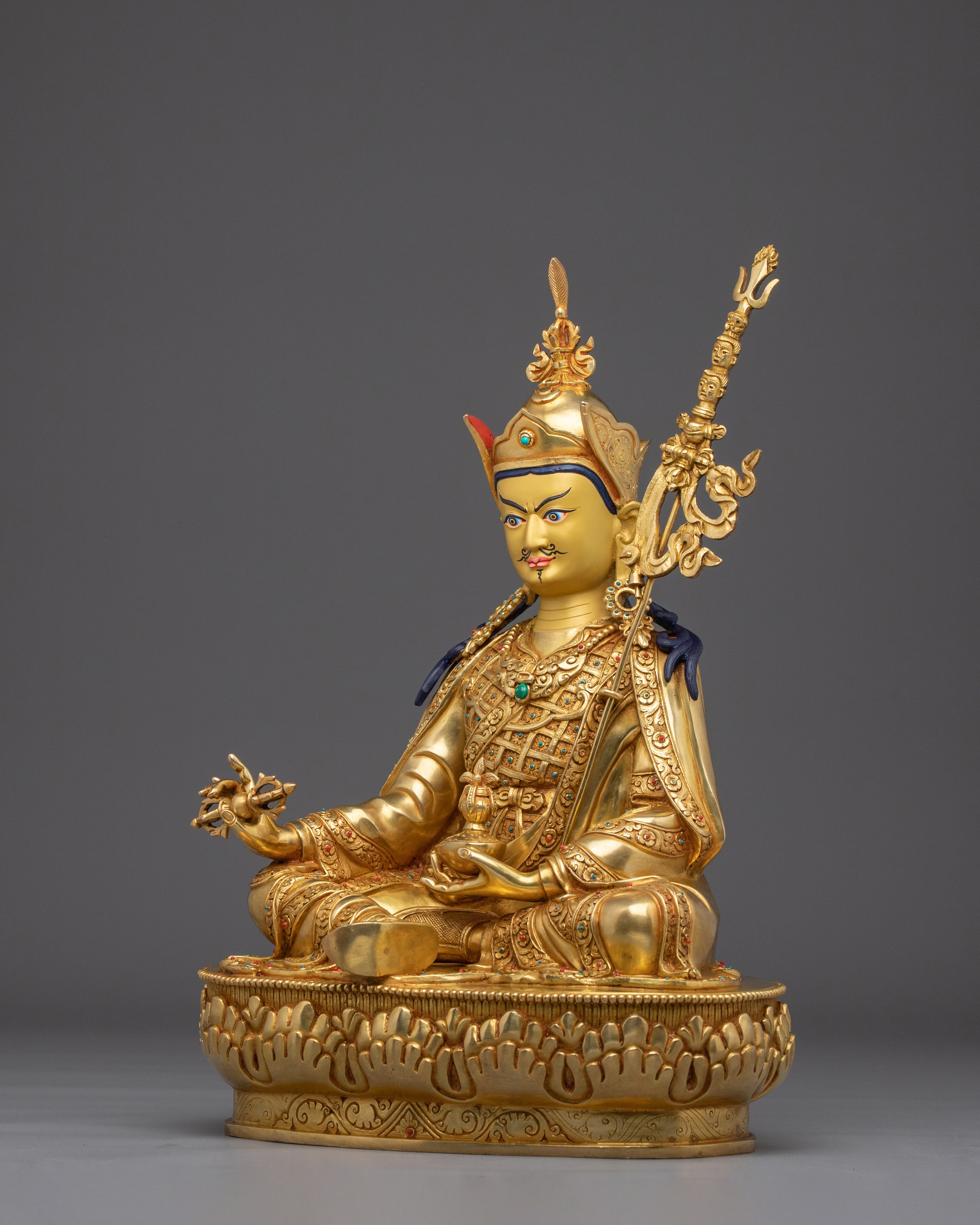 Golden Guru Rinpoche Statue Crafted with Copper | Tibetan Master Sculpture