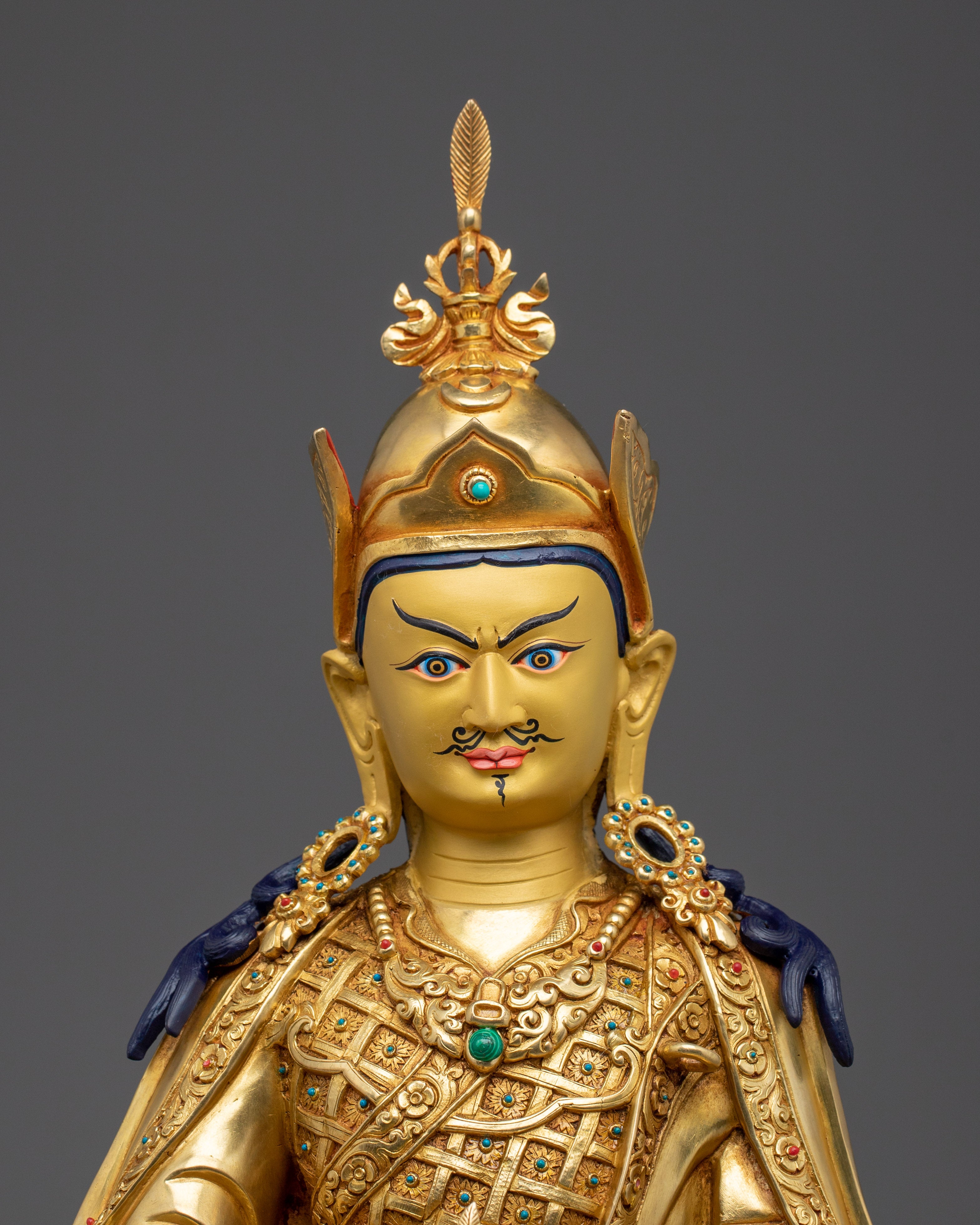Golden Guru Rinpoche Statue Crafted with Copper | Tibetan Master Sculpture