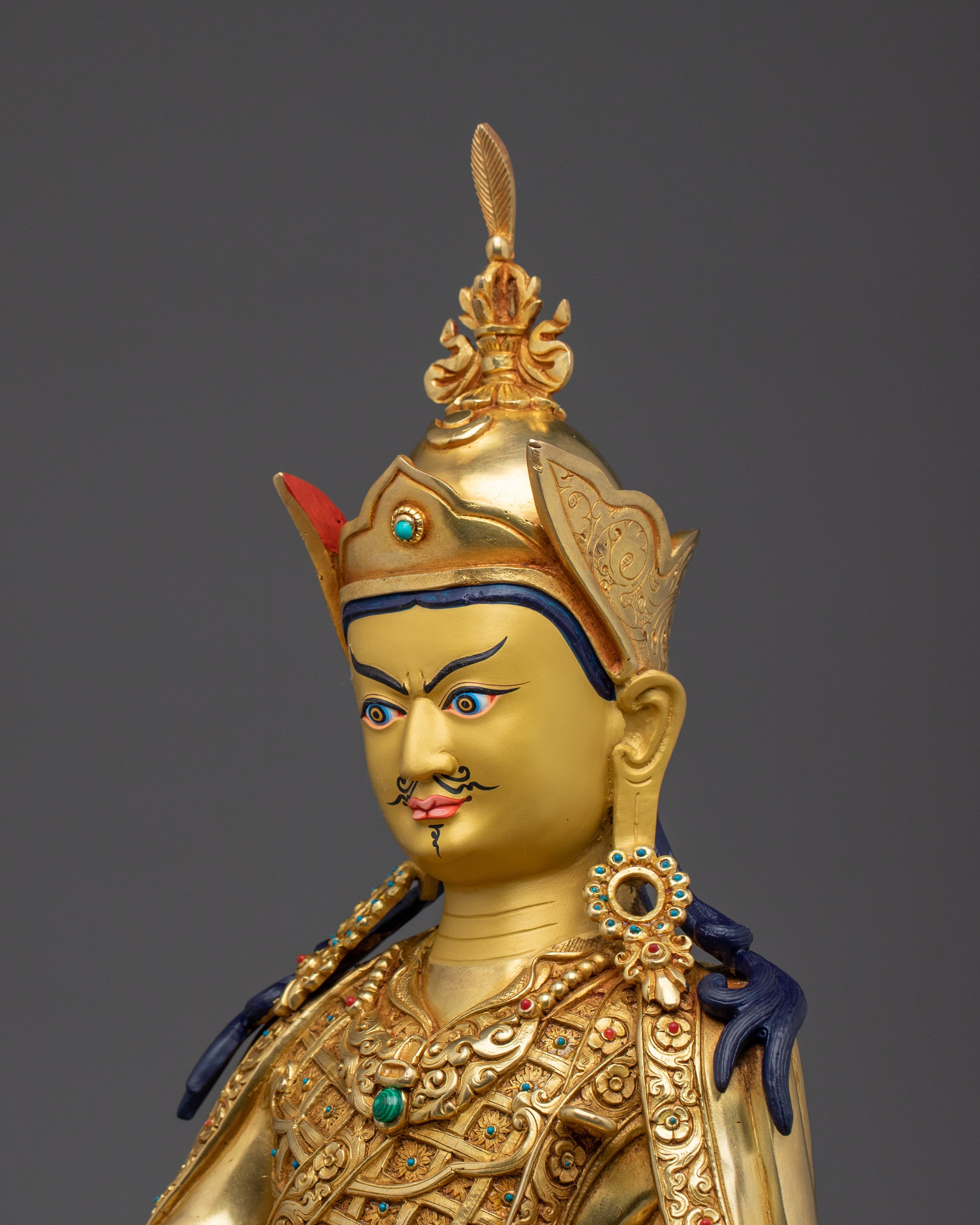 Golden Guru Rinpoche Statue Crafted with Copper | Tibetan Master Sculpture
