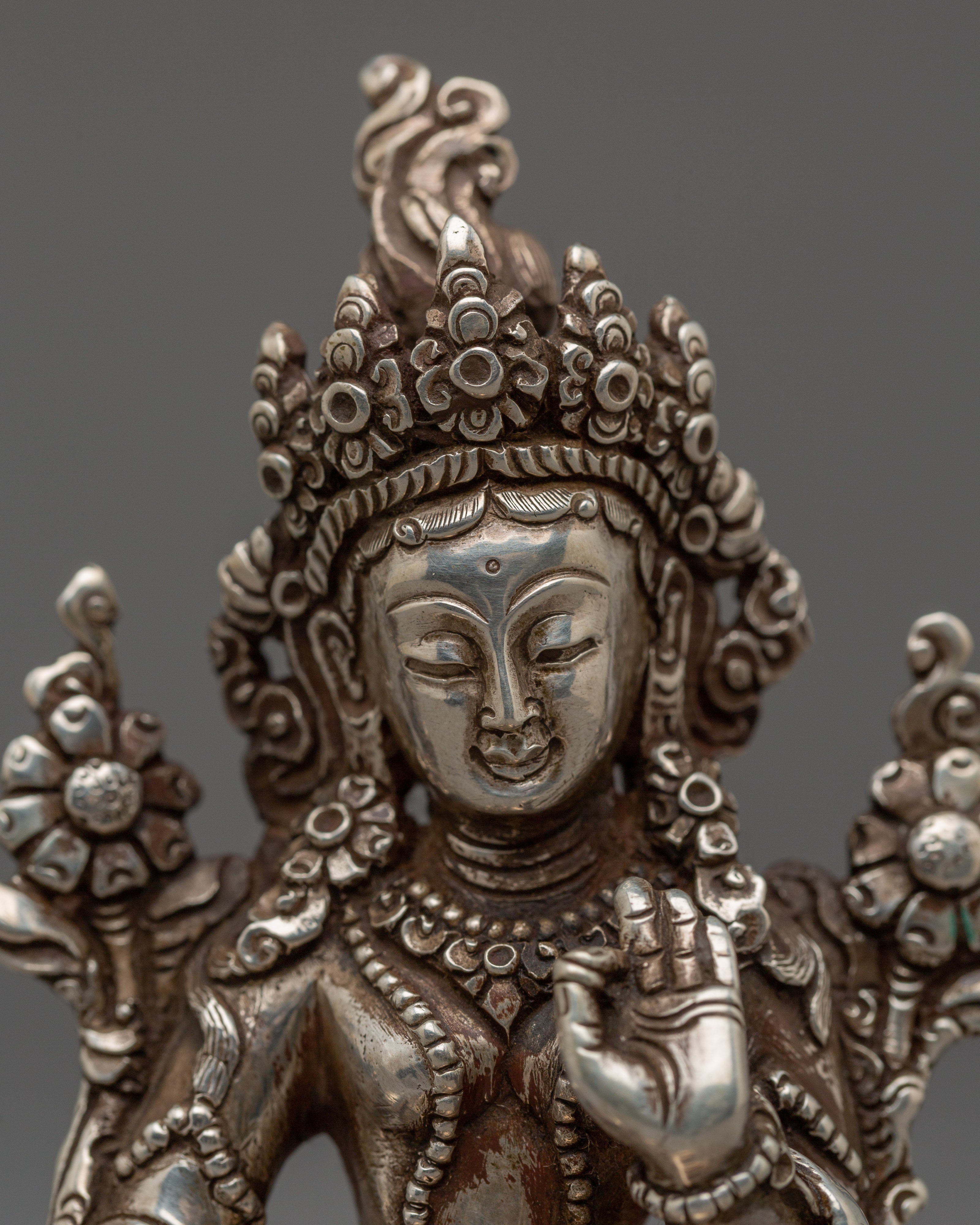 Handmade 92% Pure Silver Green Tara Statue | Mother of Liberation
