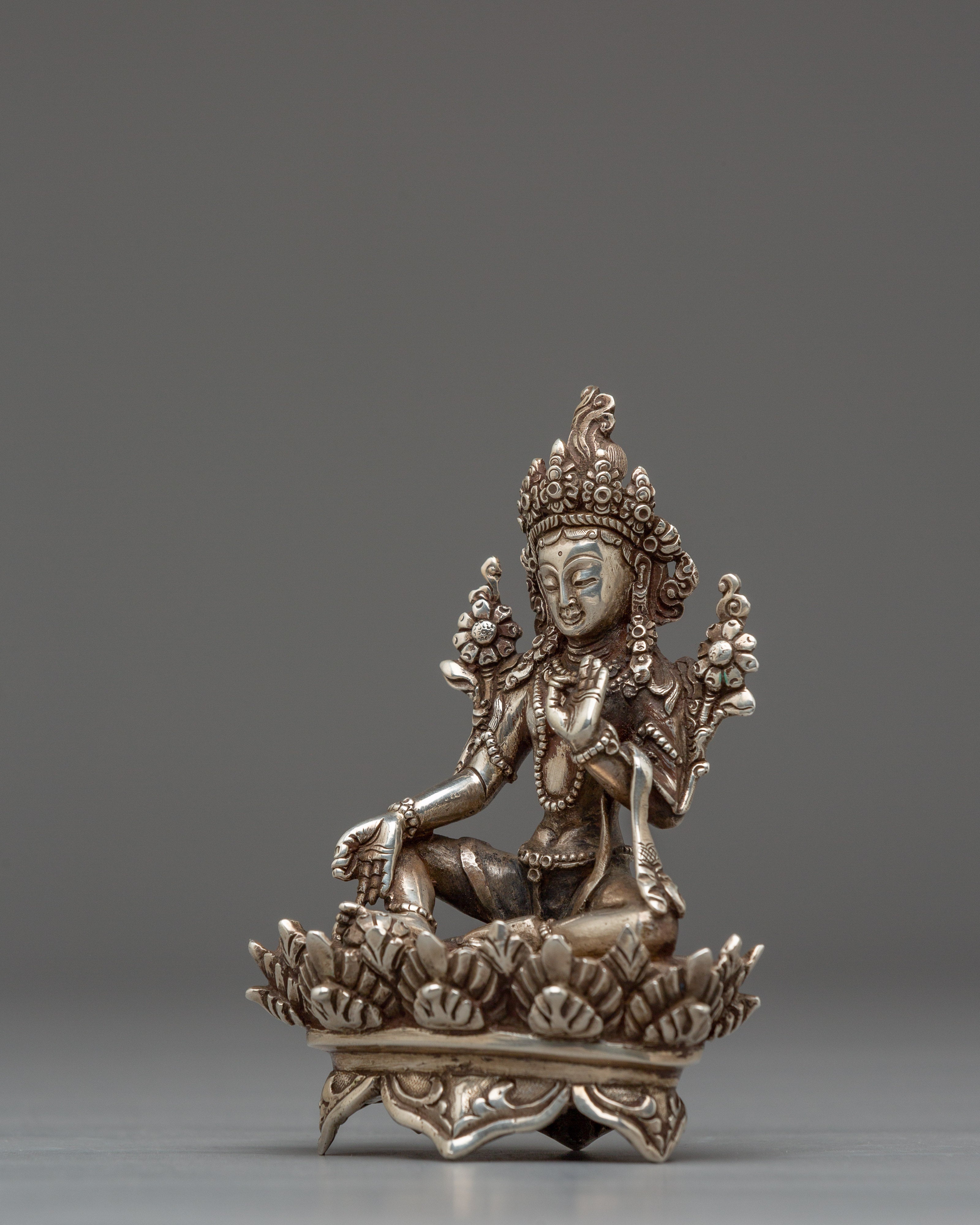 Handmade 92% Pure Silver Green Tara Statue | Mother of Liberation