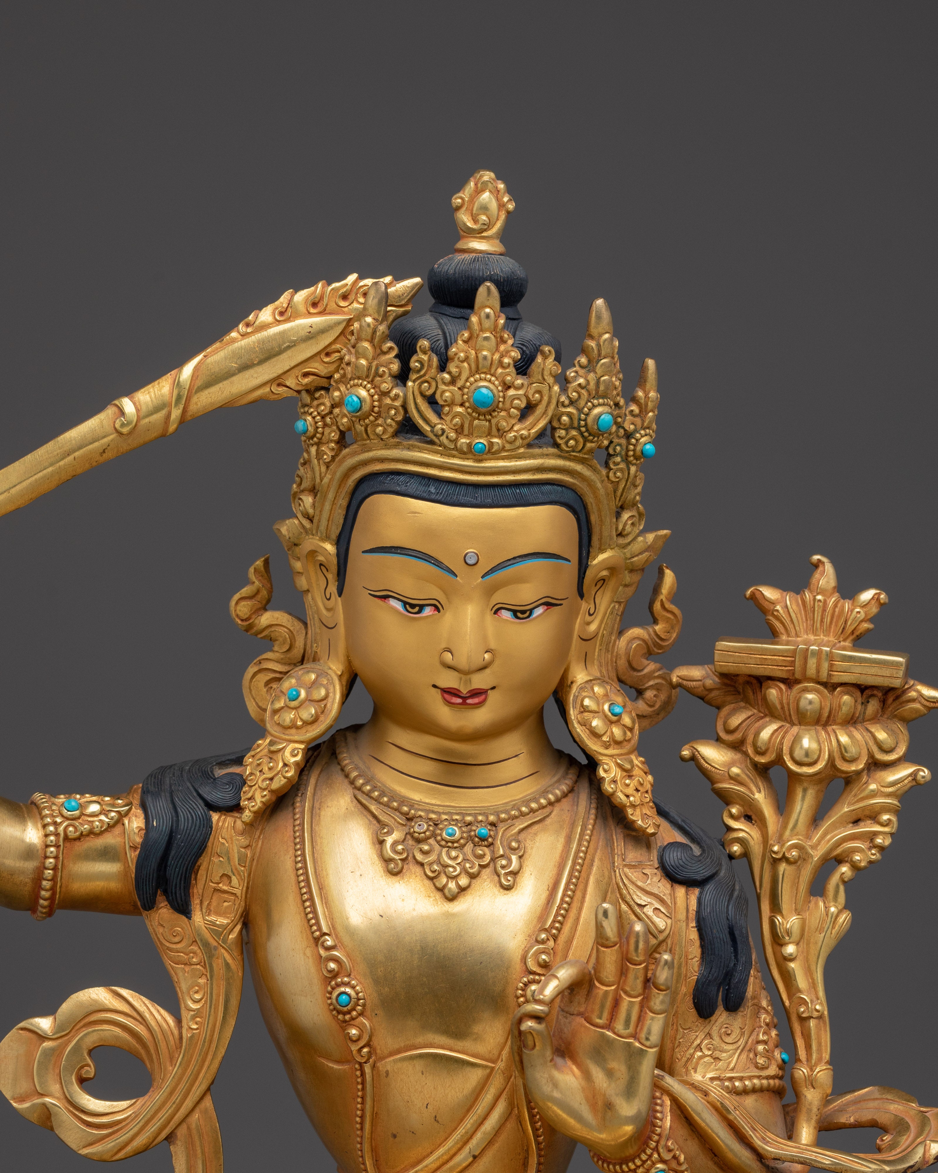 Wisdom Symbol Manjushri Golden Statue | Buddhist Spiritual Artwork