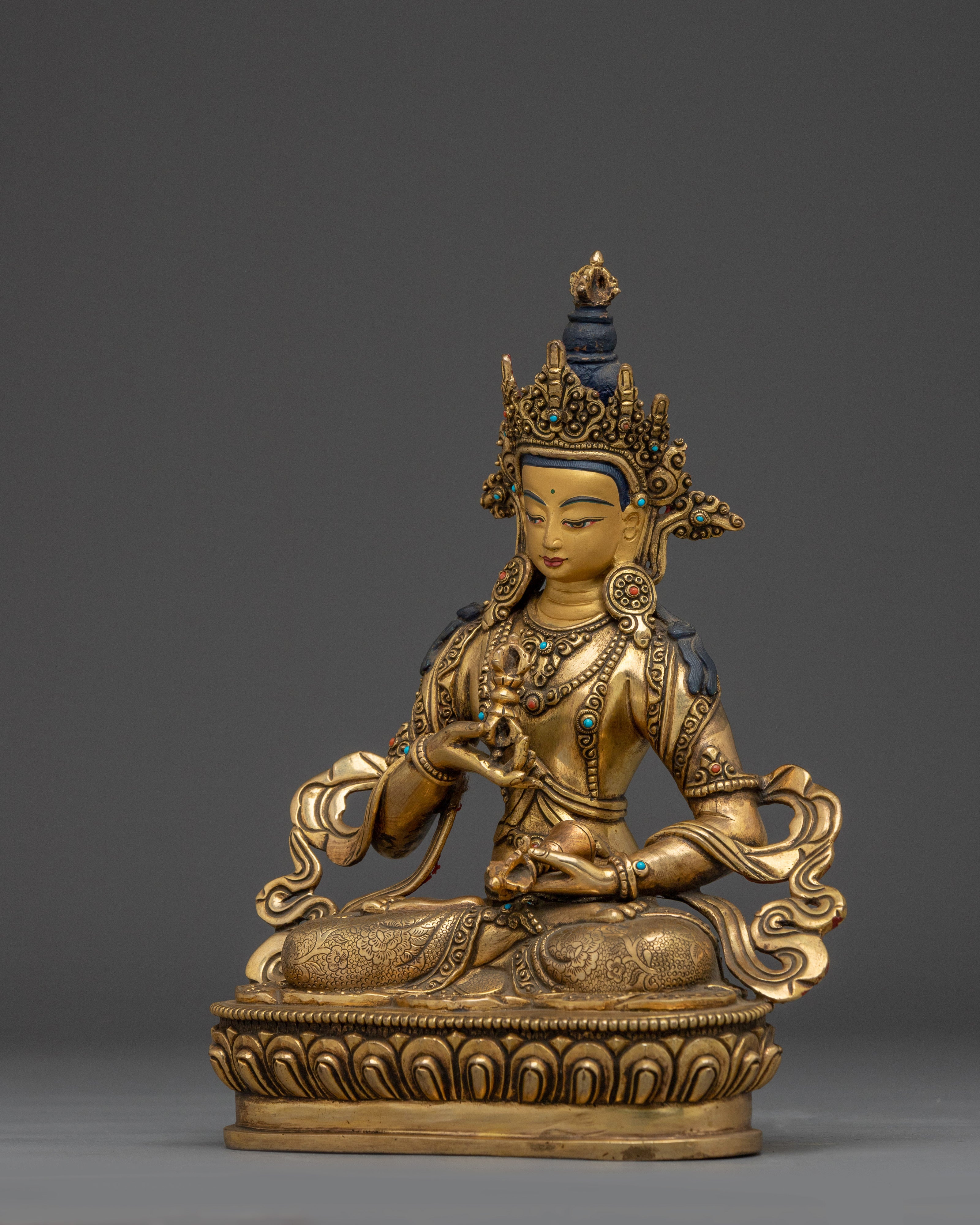 Gold Vajrasattva Statue with Gemstones | Copper Buddhist Deity for Altar and Purification