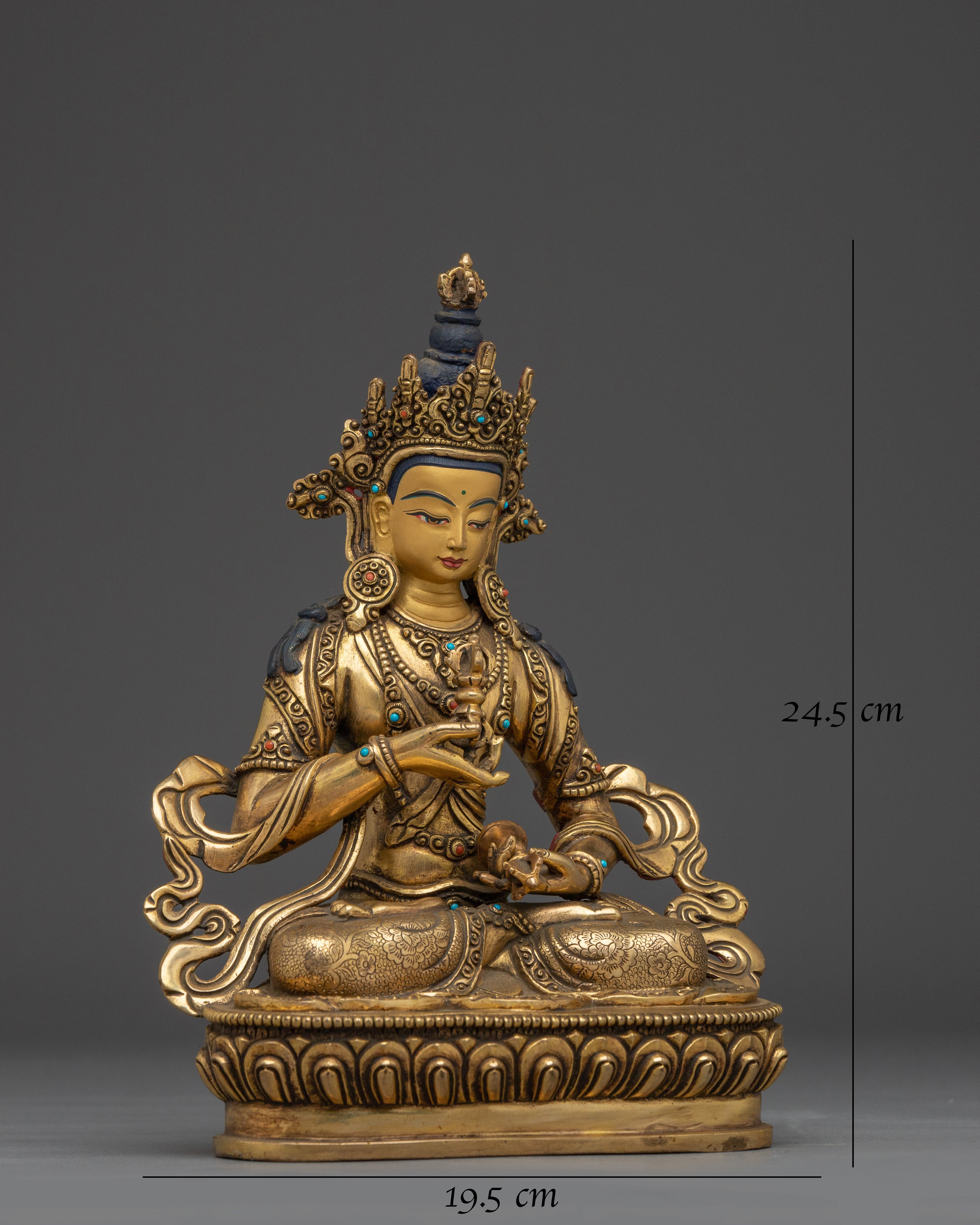 Gold Vajrasattva Statue with Gemstones | Copper Buddhist Deity for Altar and Purification