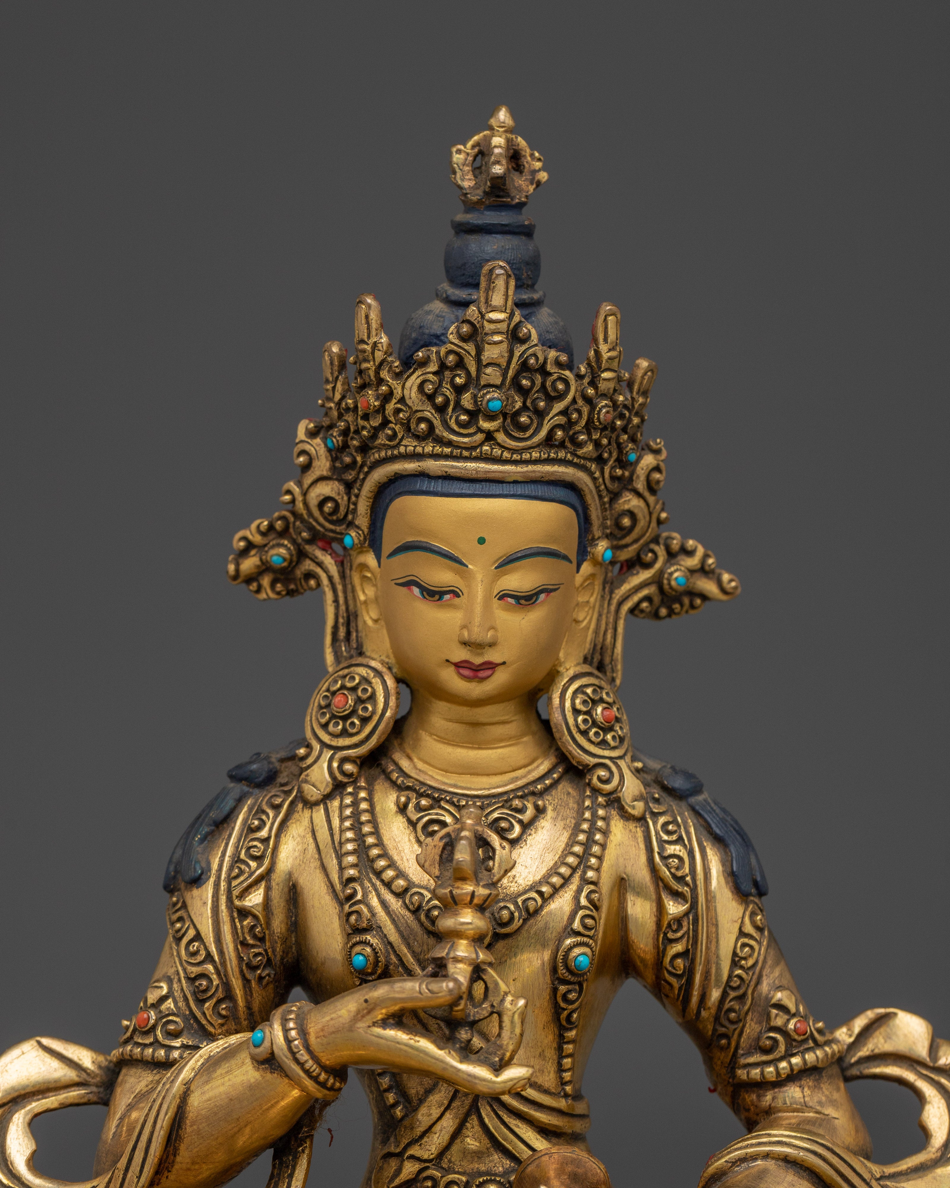 Gold Vajrasattva Statue with Gemstones | Copper Buddhist Deity for Altar and Purification
