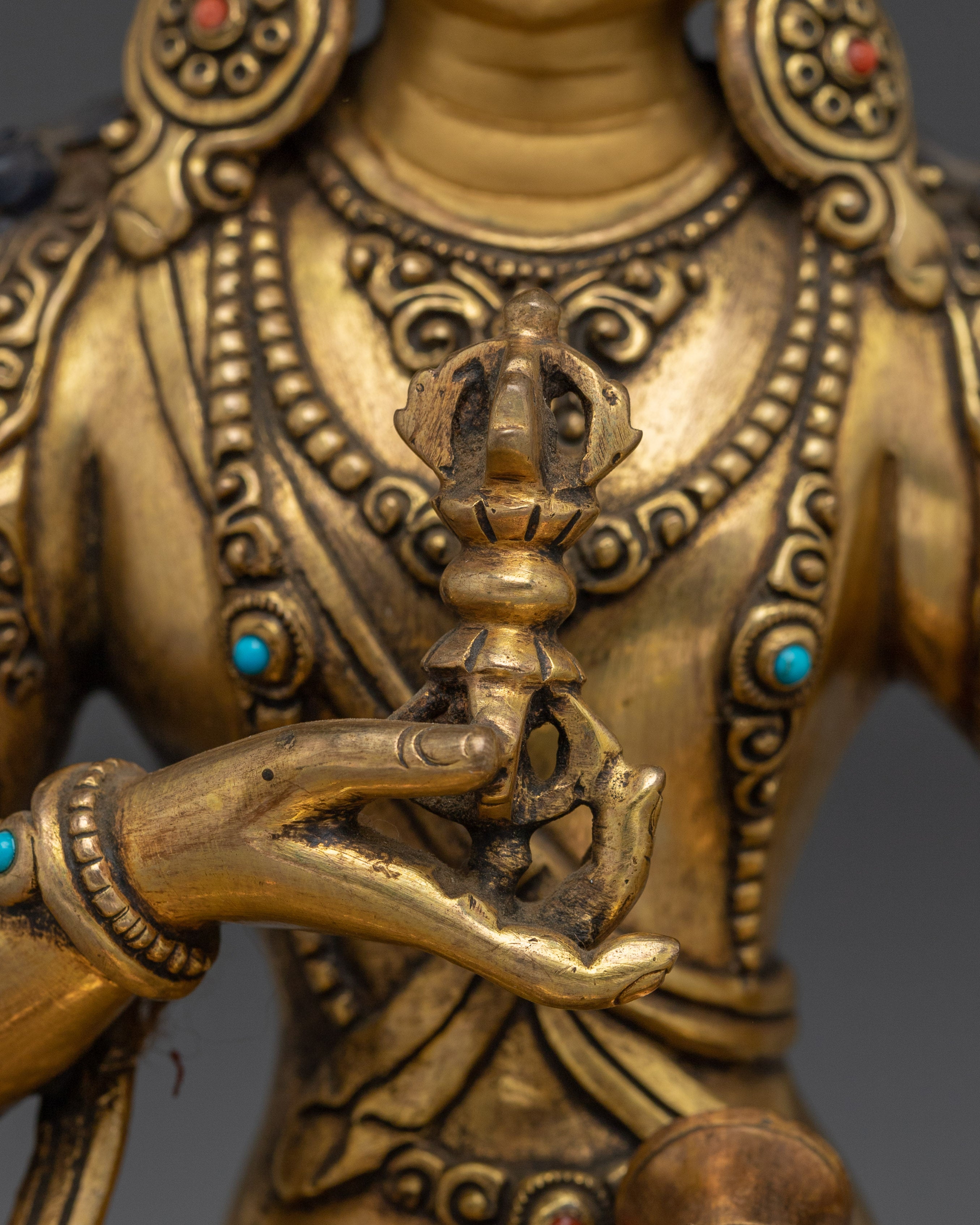 Gold Vajrasattva Statue with Gemstones | Copper Buddhist Deity for Altar and Purification