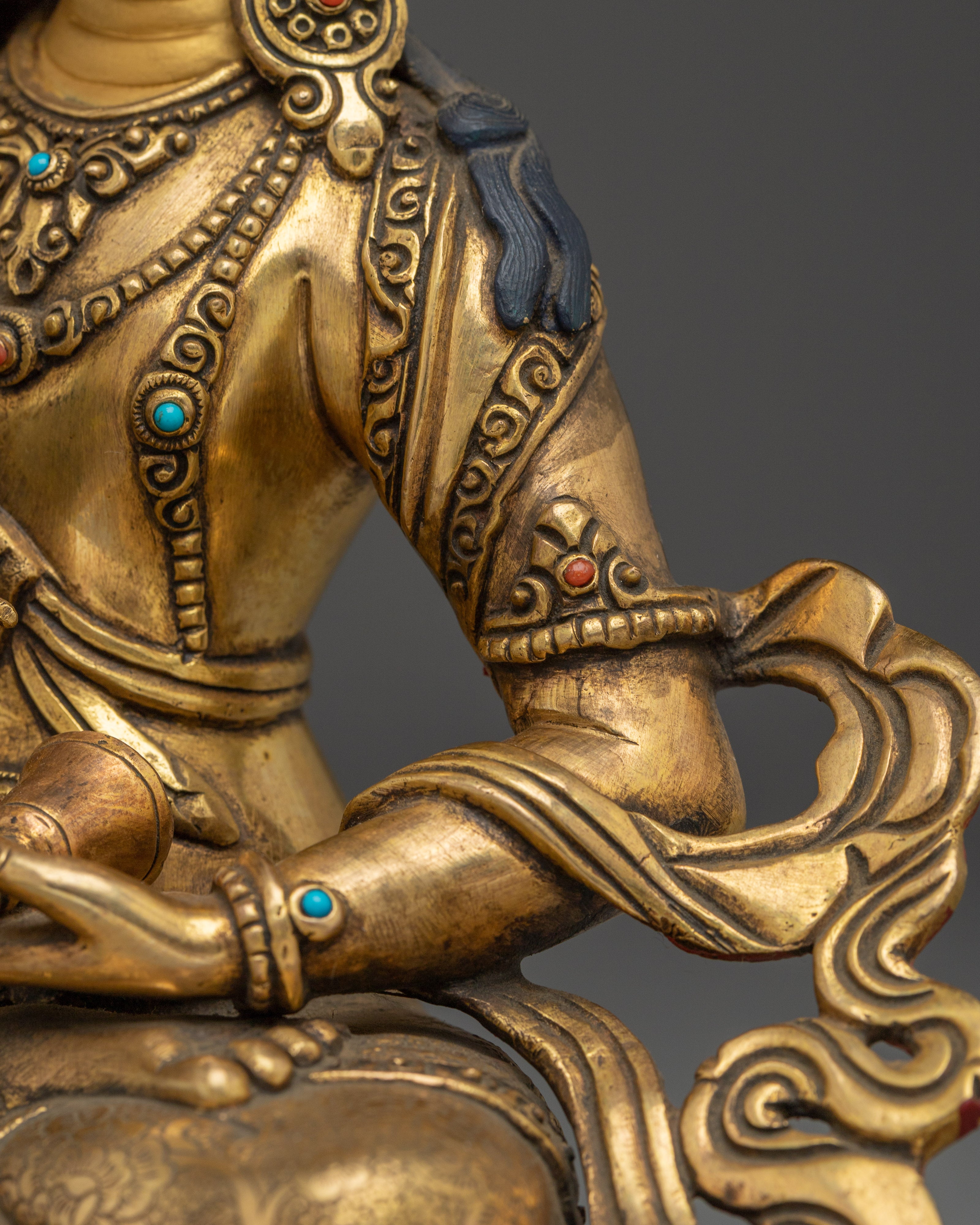 Gold Vajrasattva Statue with Gemstones | Copper Buddhist Deity for Altar and Purification
