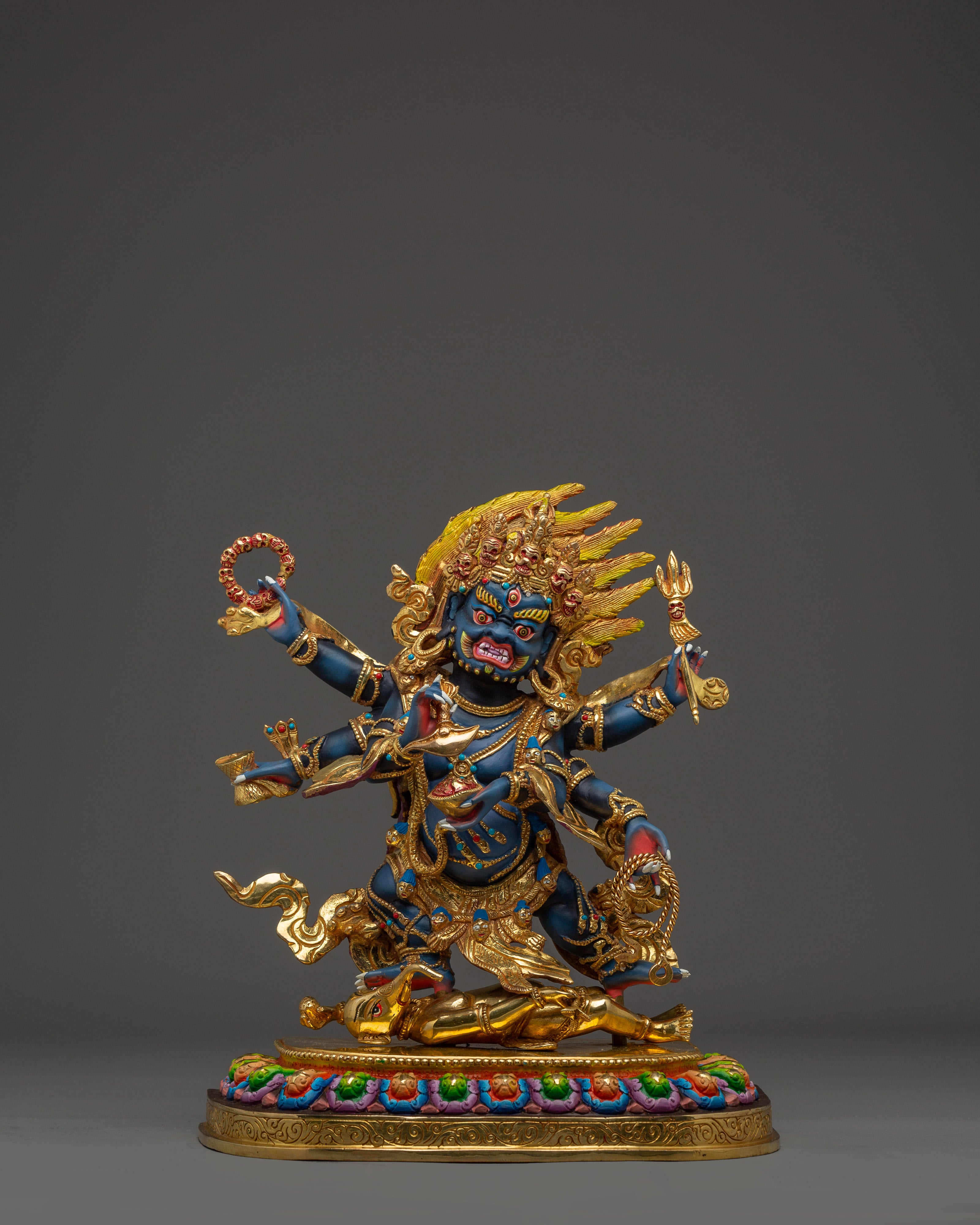 Gold Gilded Six-Armed Mahakala Statue | Copper Tantric Deity for Obstacle Removal