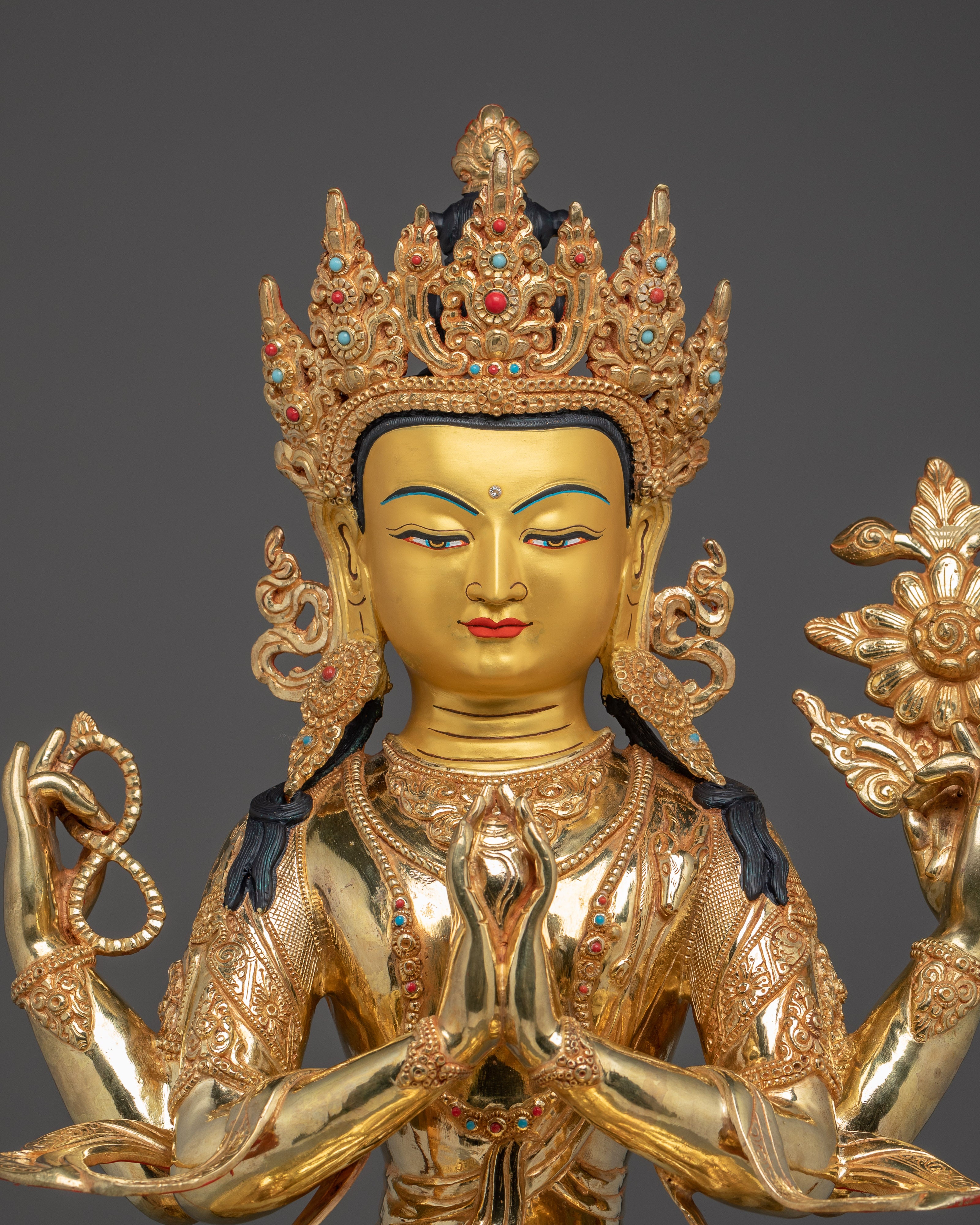 Chenrezig Statue with Copper Body | Tibetan Buddhist Shrine Sculpture