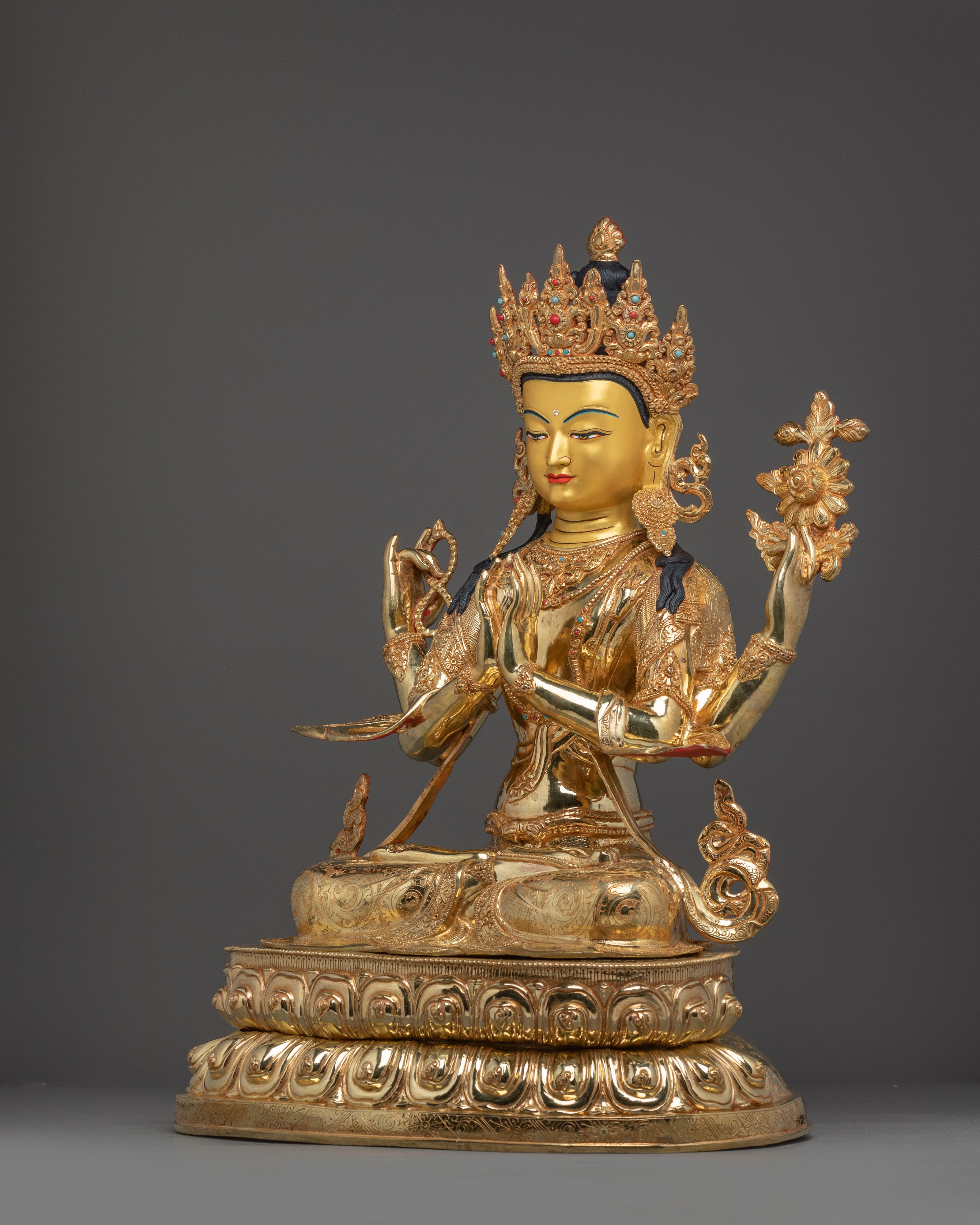 Chenrezig Statue with Copper Body | Tibetan Buddhist Shrine Sculpture