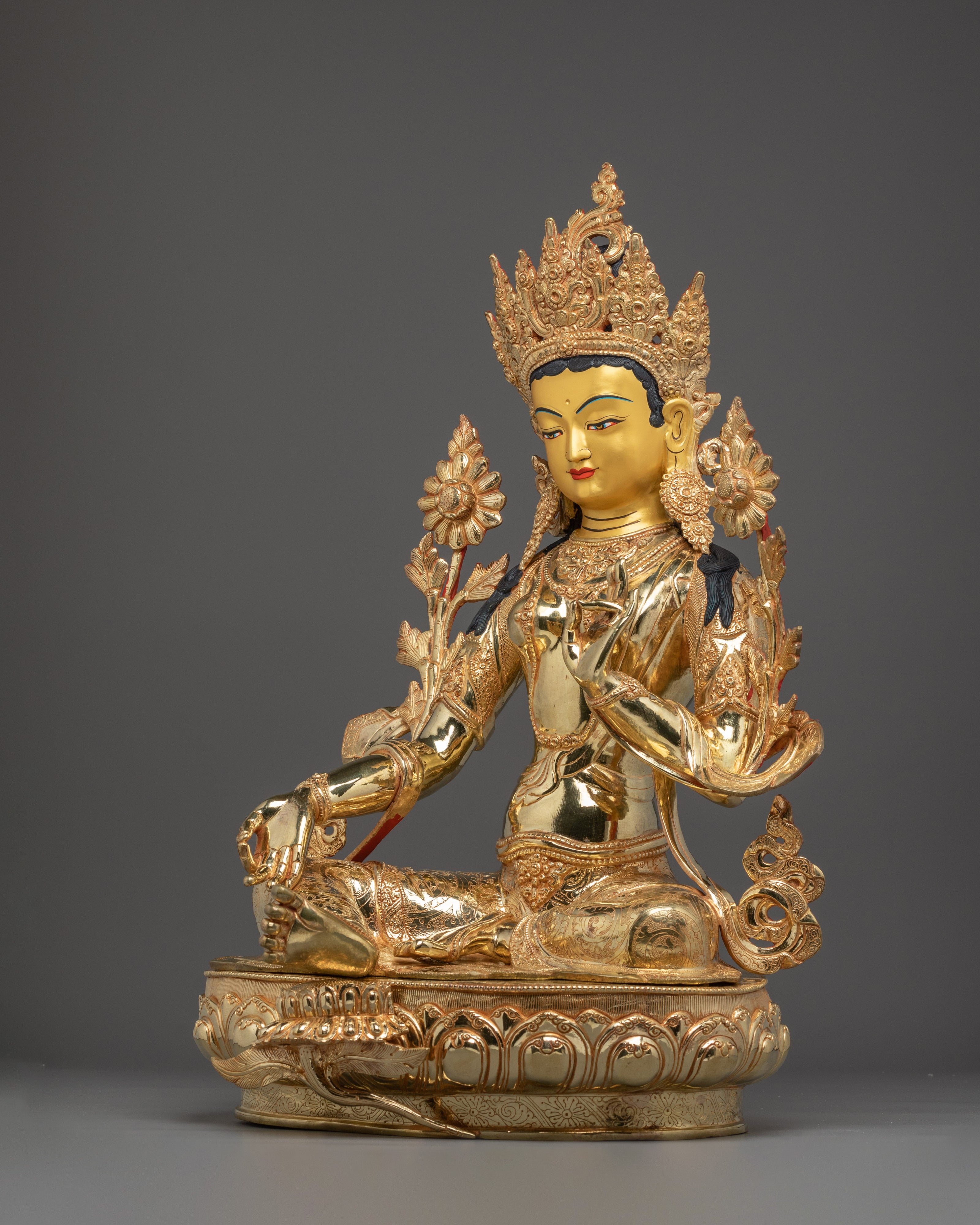 Green Tara Statue Gilded in 24K Gold | Buddhist Deity Sculpture and Bodhisattva Art