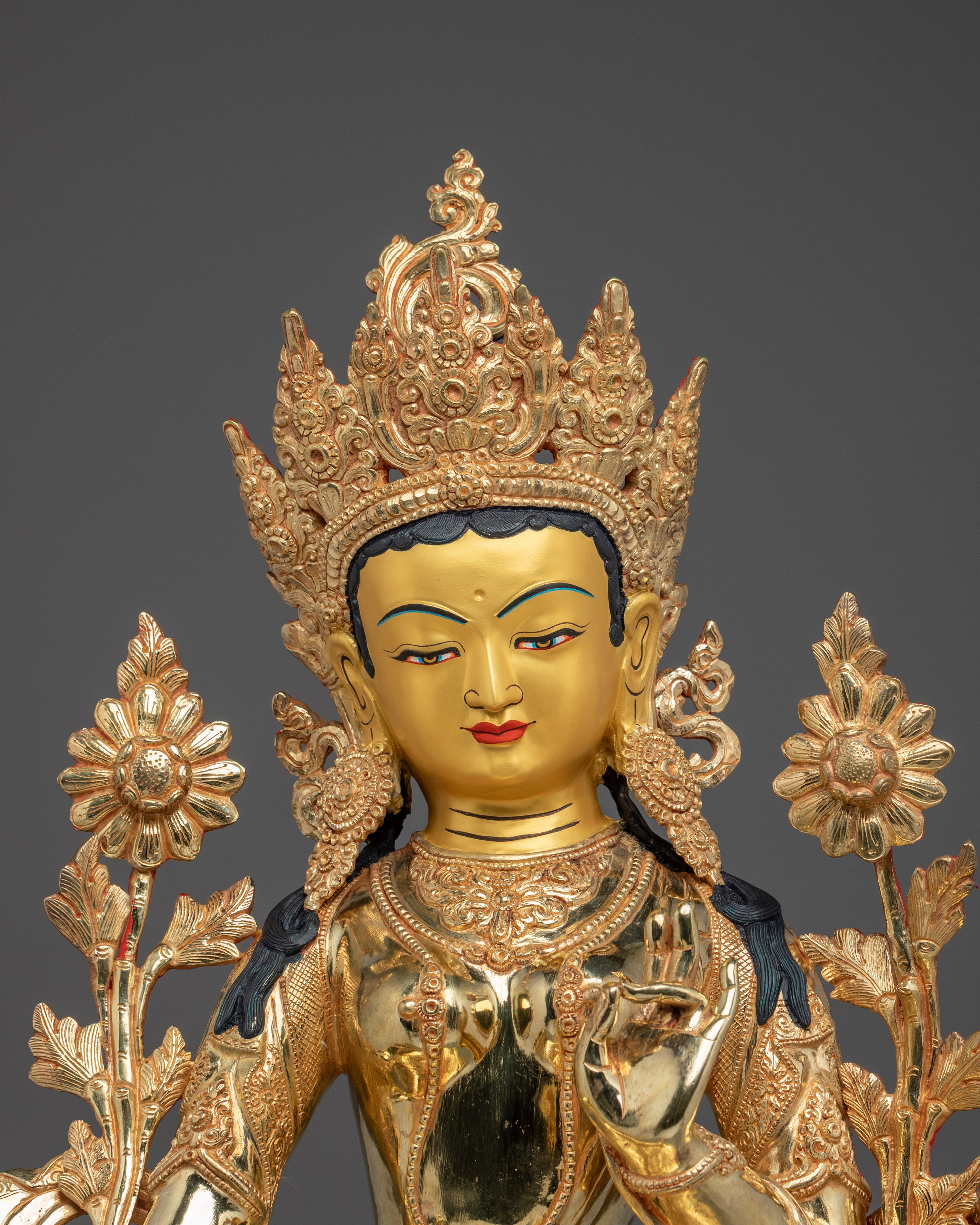 Green Tara Statue Gilded in 24K Gold | Buddhist Deity Sculpture and Bodhisattva Art