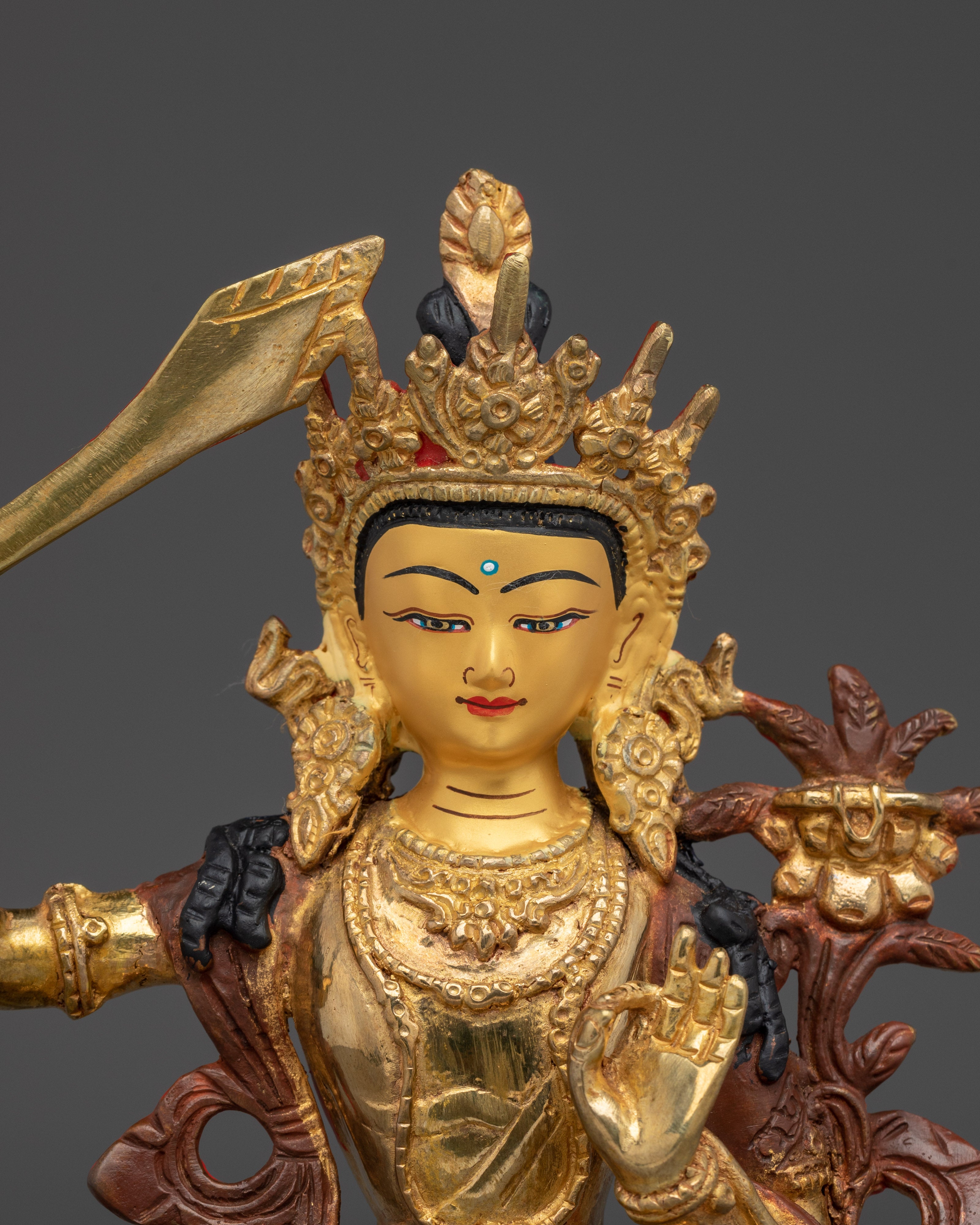 Manjushri statue with 24K Gold Gilding | Copper Wisdom Deity for Meditation