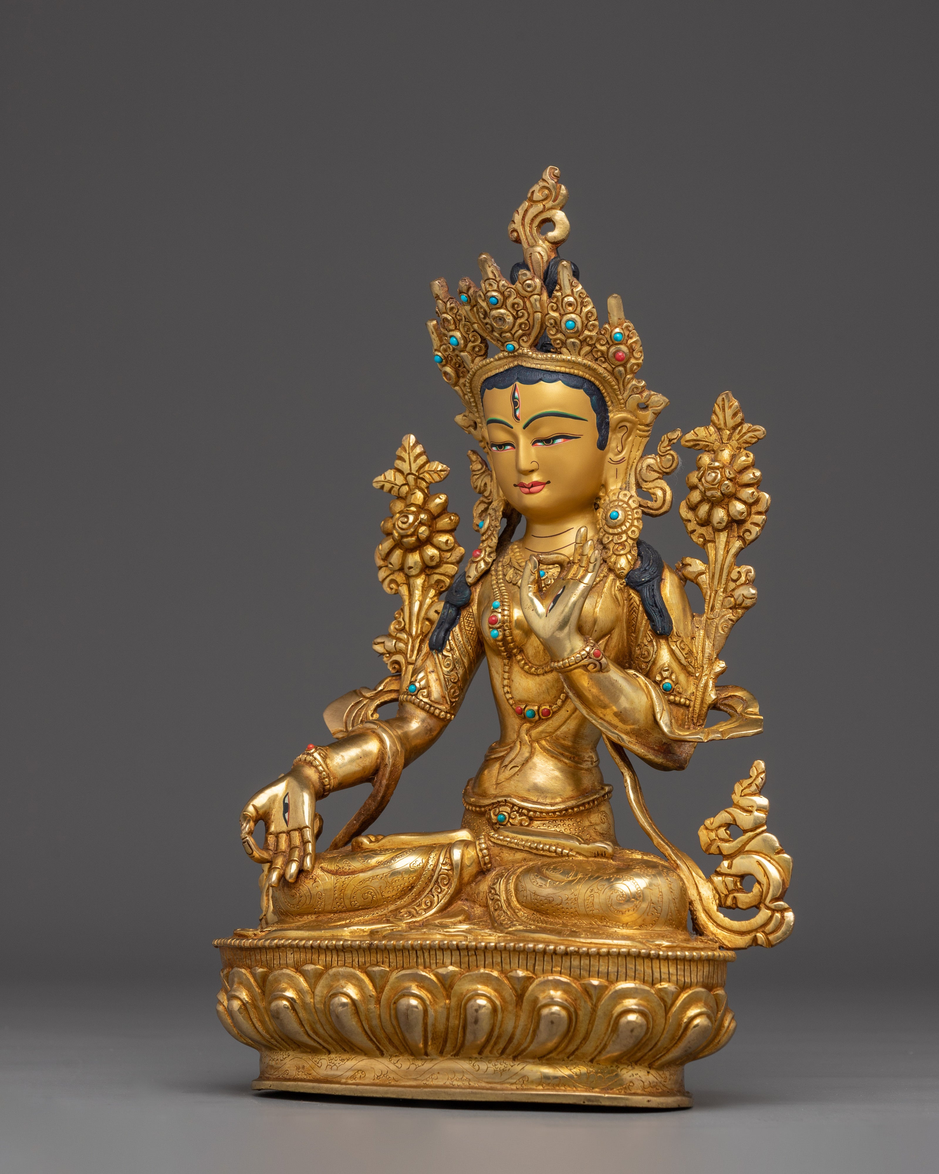 White Tara Altar Statue for Healing | Buddhist Copper Sculpture Gilded in 24K Gold