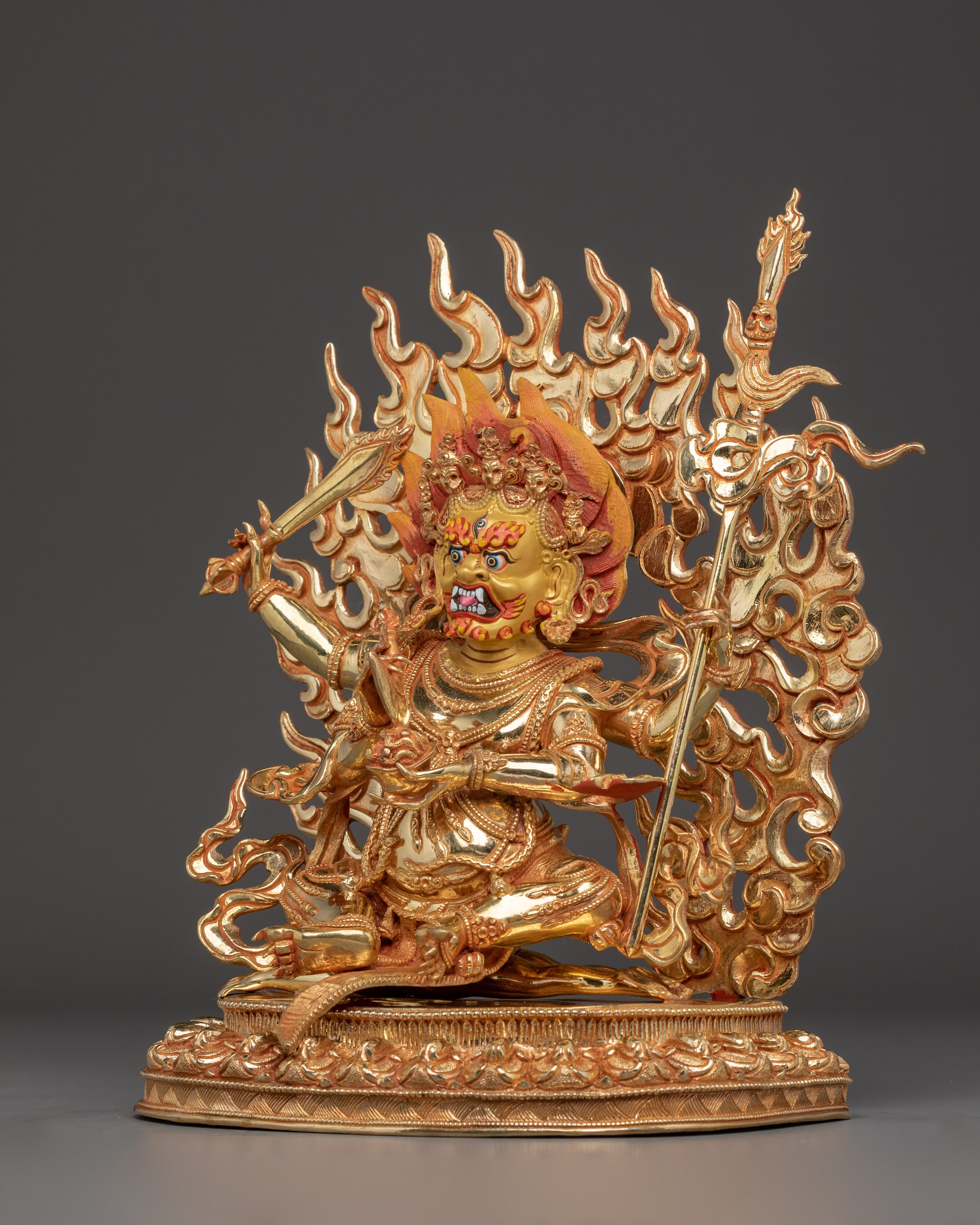Gold Gilded 4-Armed Mahakala Statue | Tibetan Guardian Deity of Protection