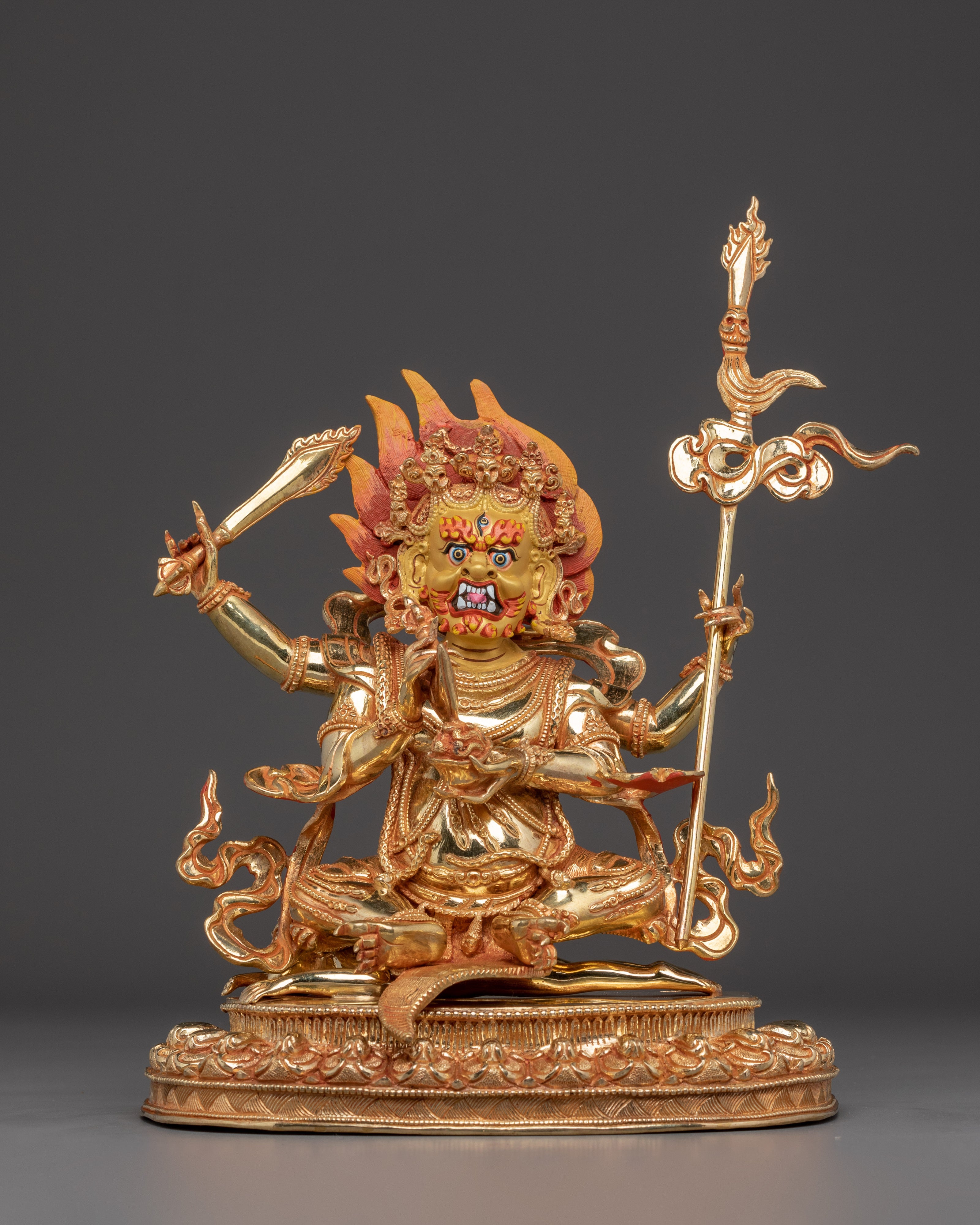 Gold Gilded 4-Armed Mahakala Statue | Tibetan Guardian Deity of Protection