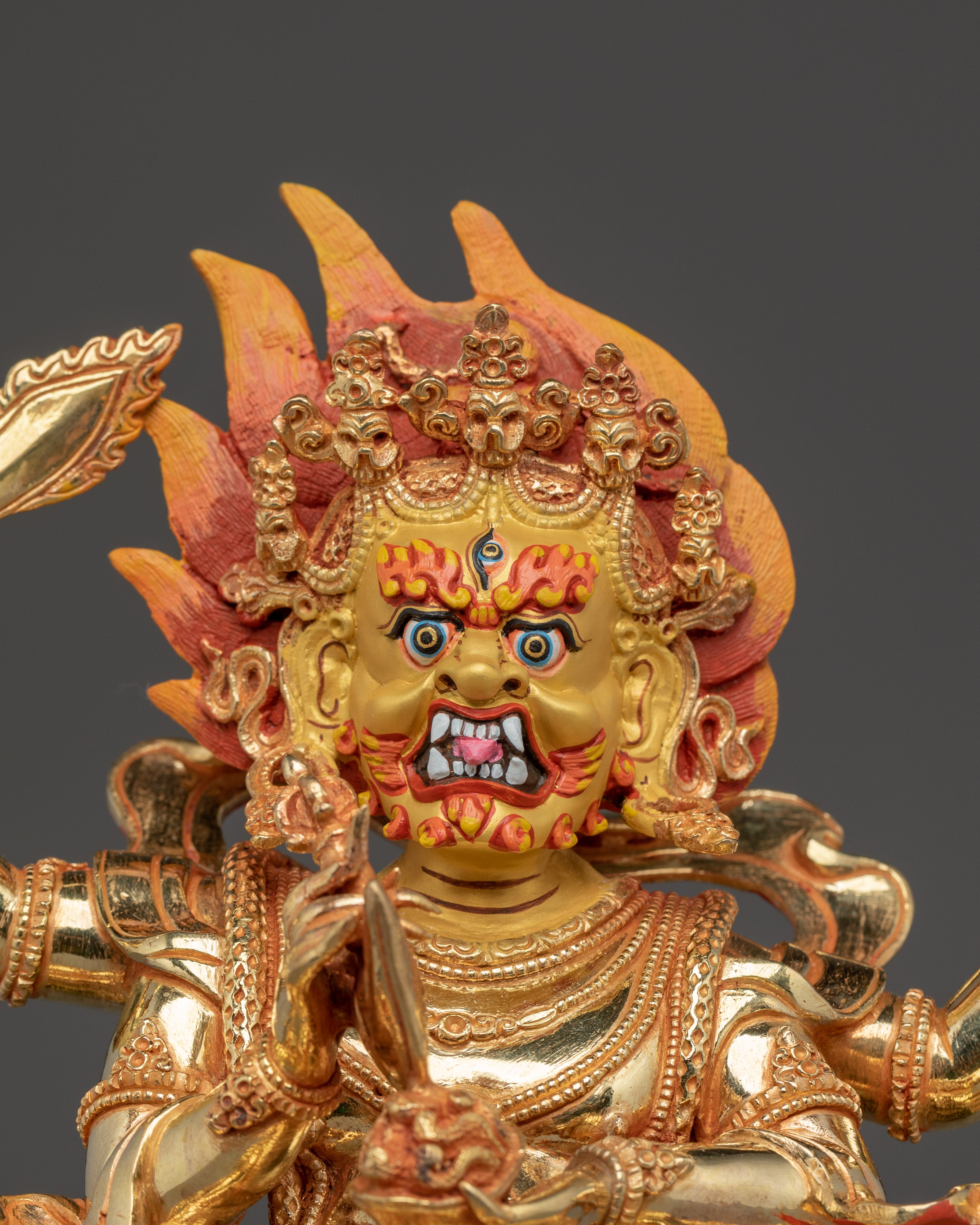Gold Gilded 4-Armed Mahakala Statue | Tibetan Guardian Deity of Protection