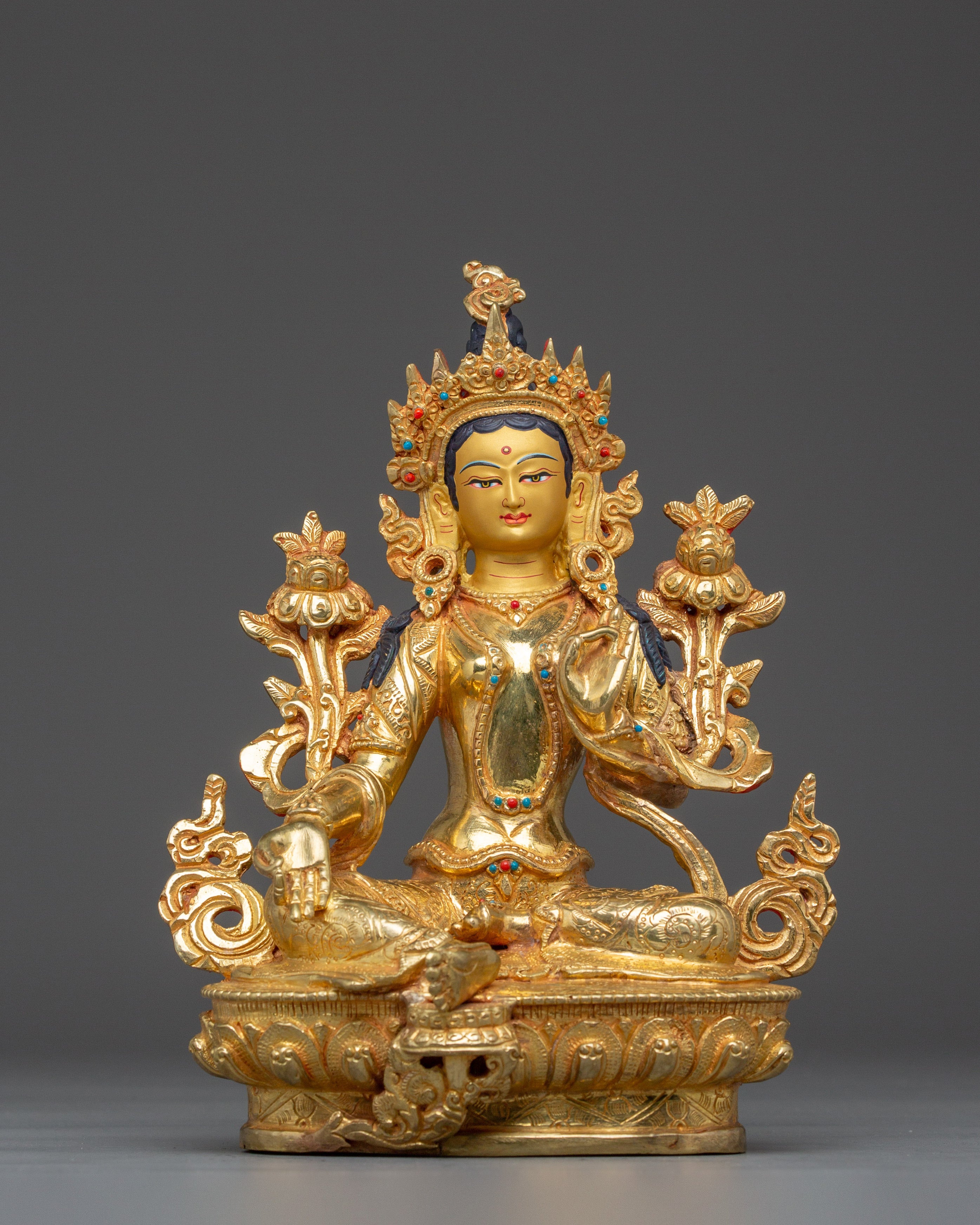 Green Tara Buddha Statue with 24K Gold Gilding | Spiritual Meditation and Decor