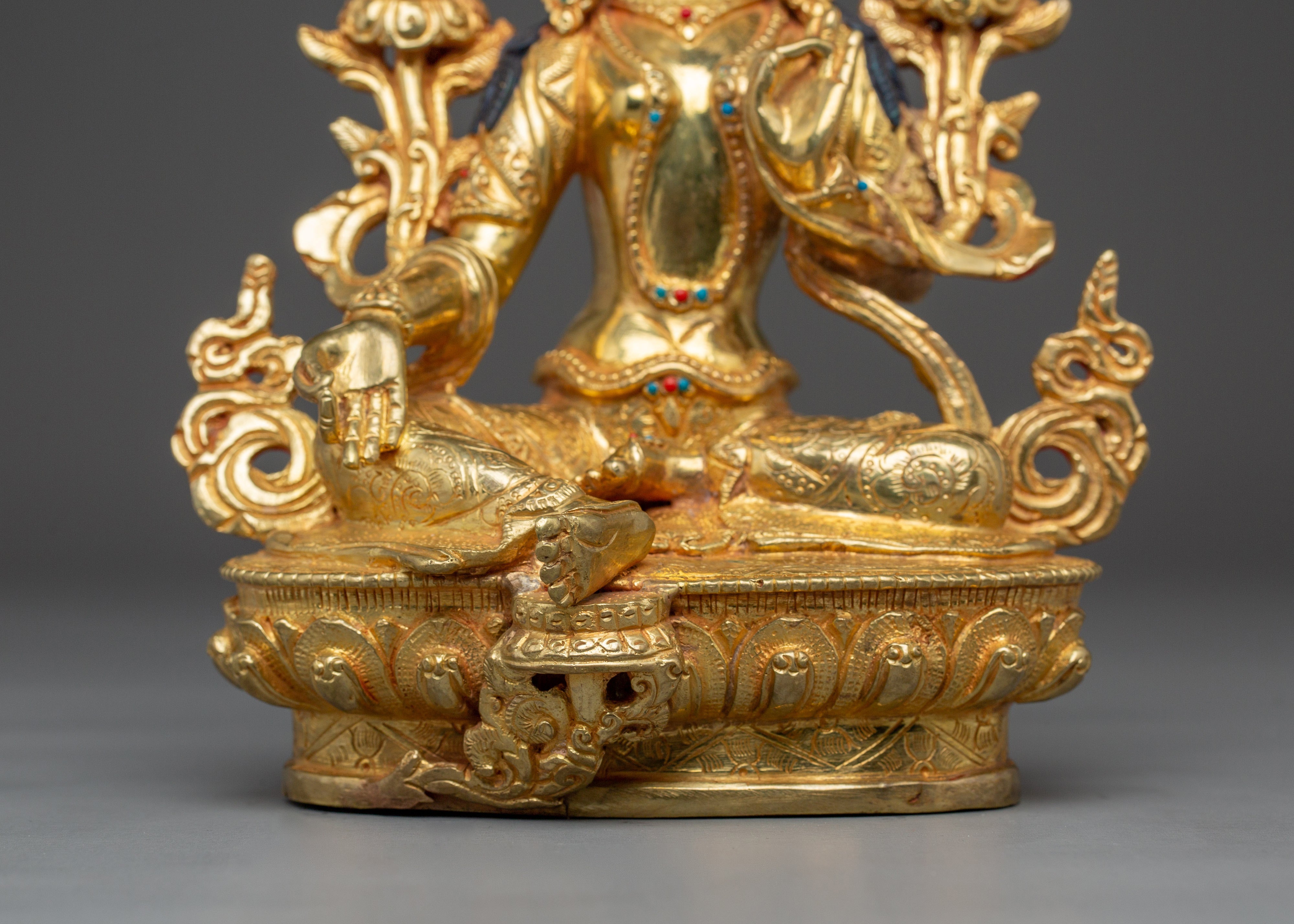 Green Tara Buddha Statue with 24K Gold Gilding | Spiritual Meditation and Decor