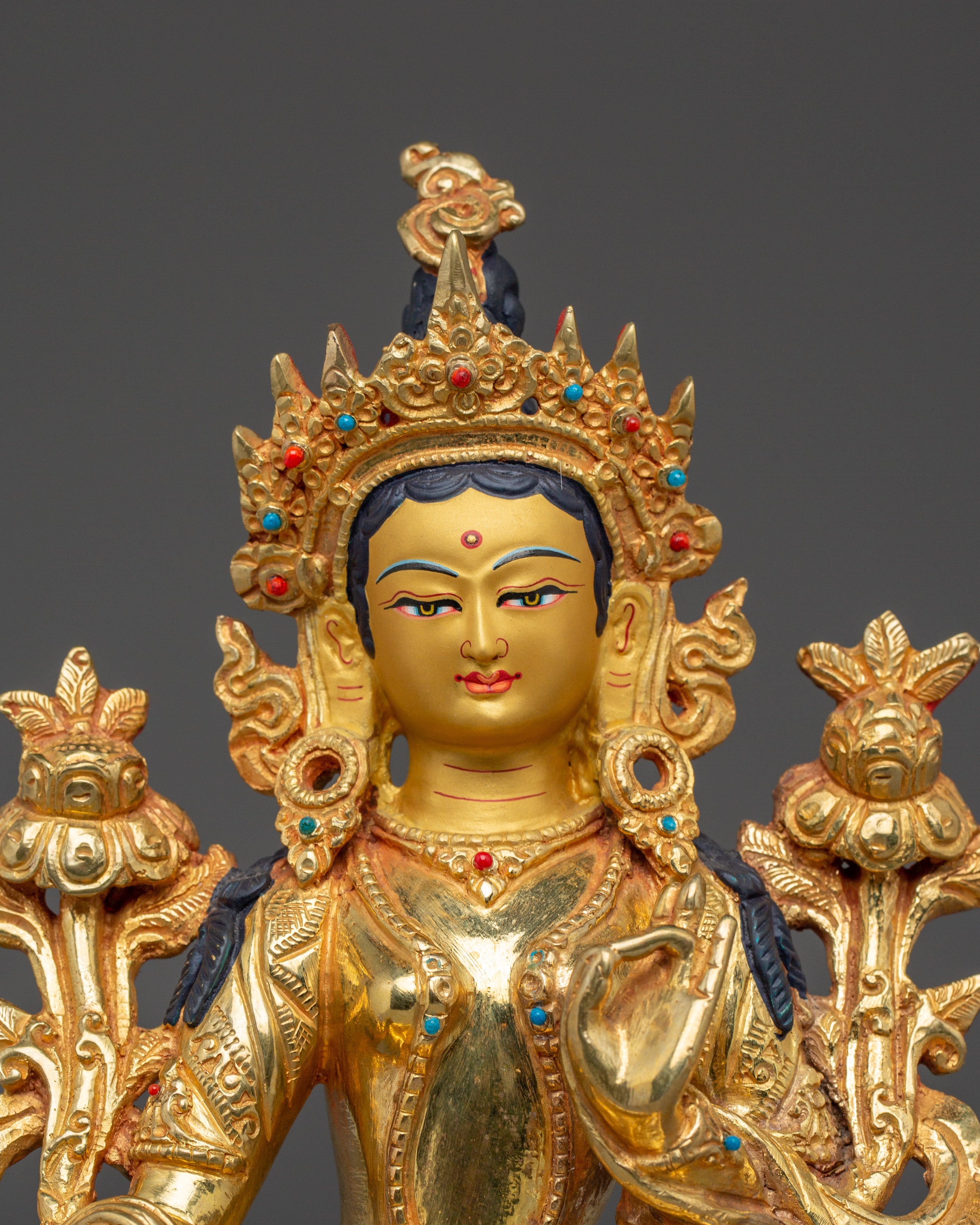 Green Tara Buddha Statue with 24K Gold Gilding | Spiritual Meditation and Decor
