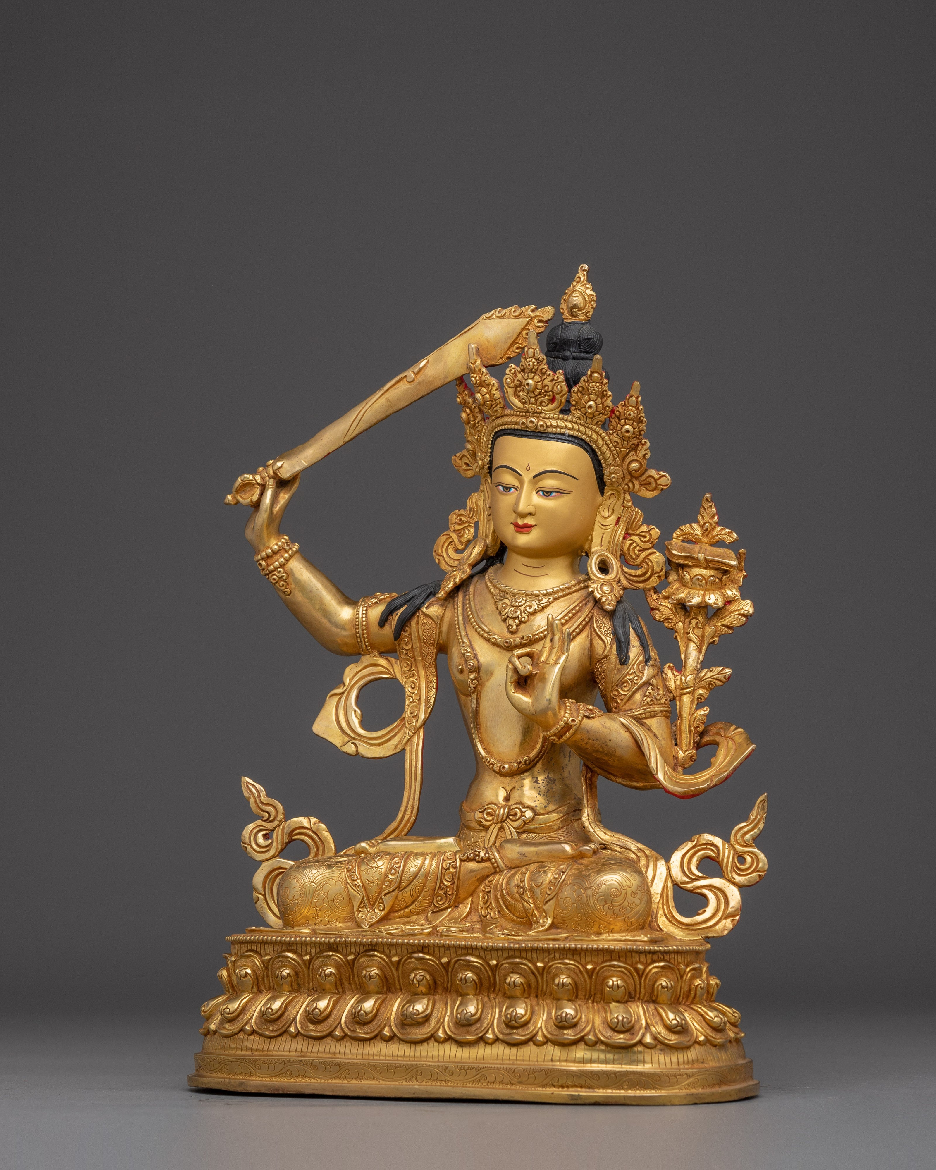 Buddhist Deity Manjushri Art for Wisdom | Gold Gilded Copper Statue