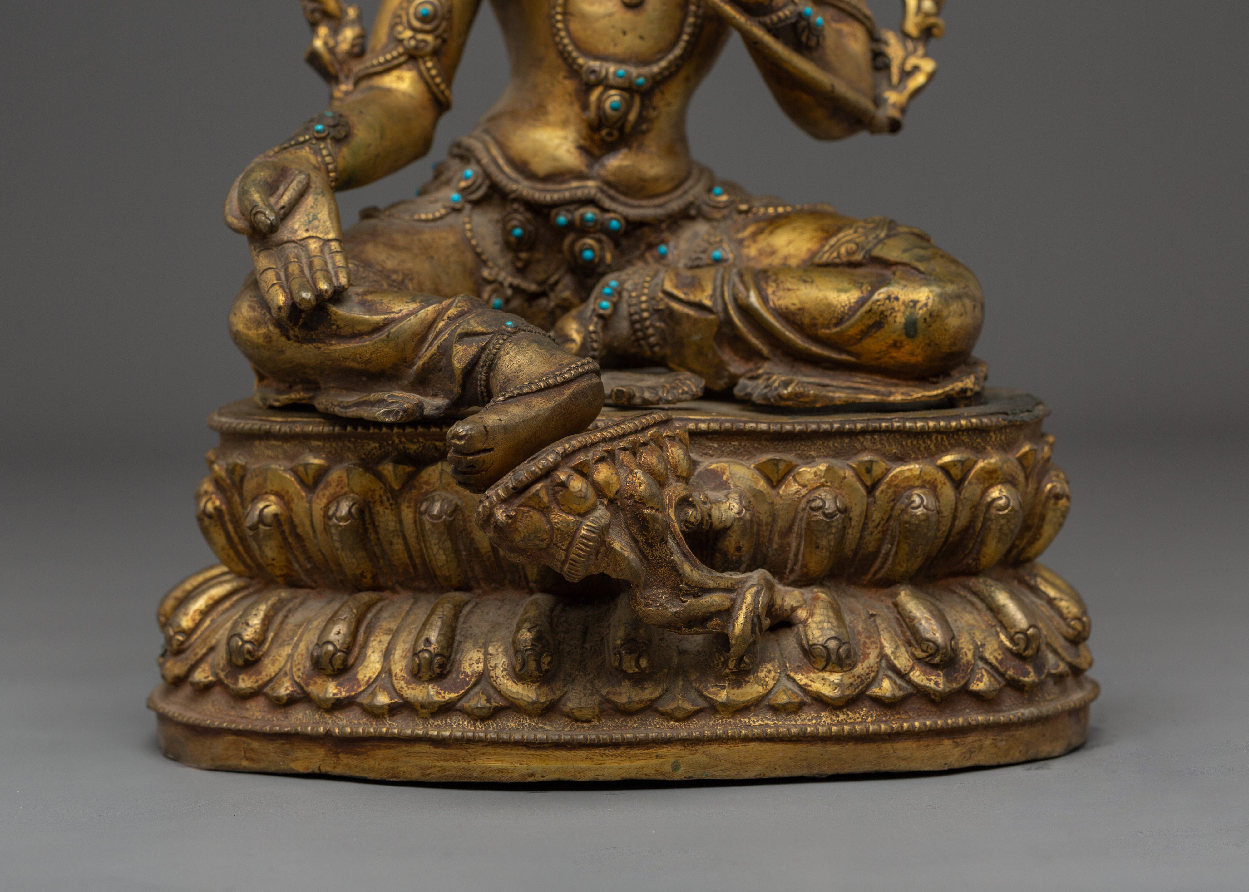 Green Tara Copper Statue with Gemstone Inlays | Buddhist Goddess of Compassion