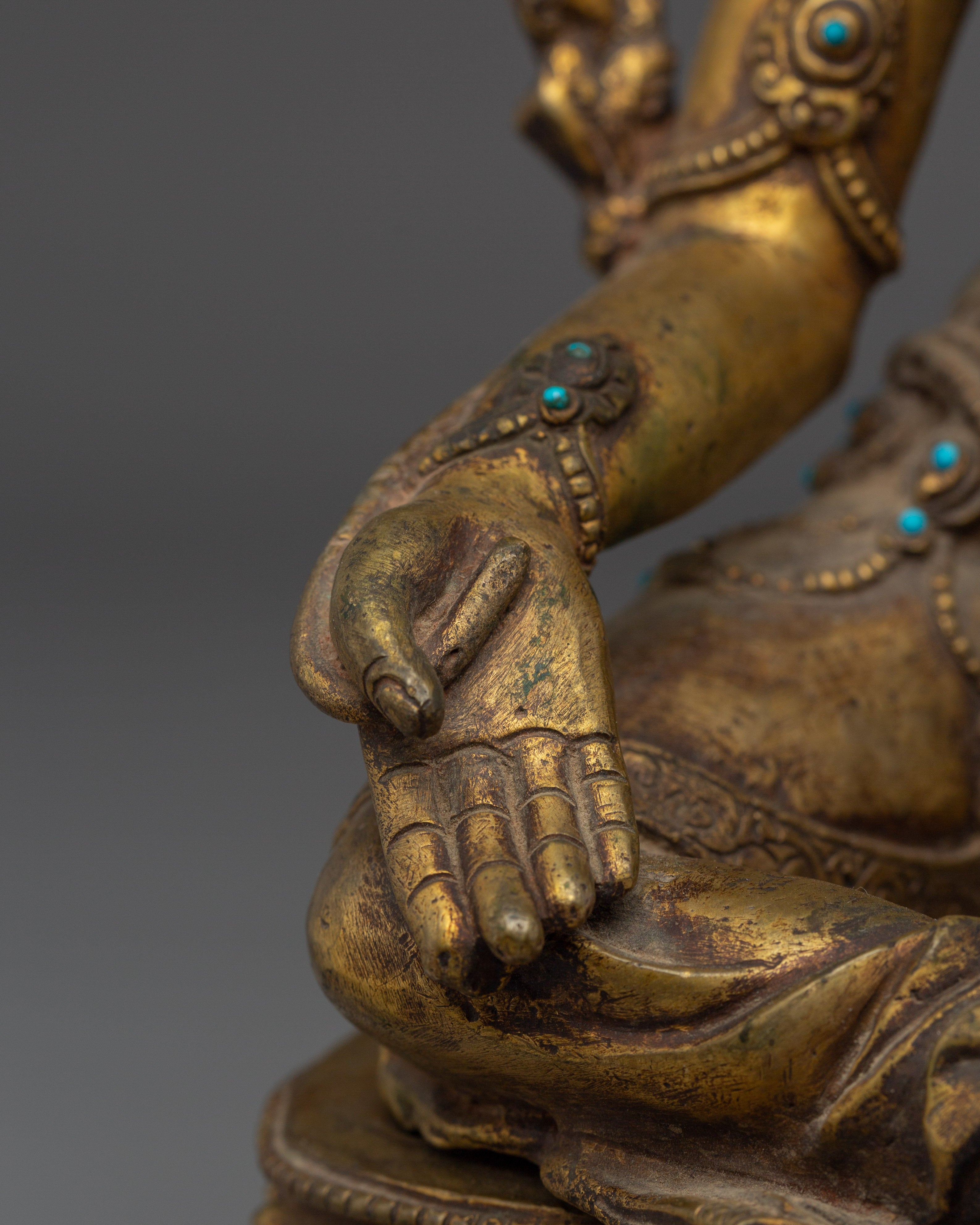 Green Tara Copper Statue with Gemstone Inlays | Buddhist Goddess of Compassion